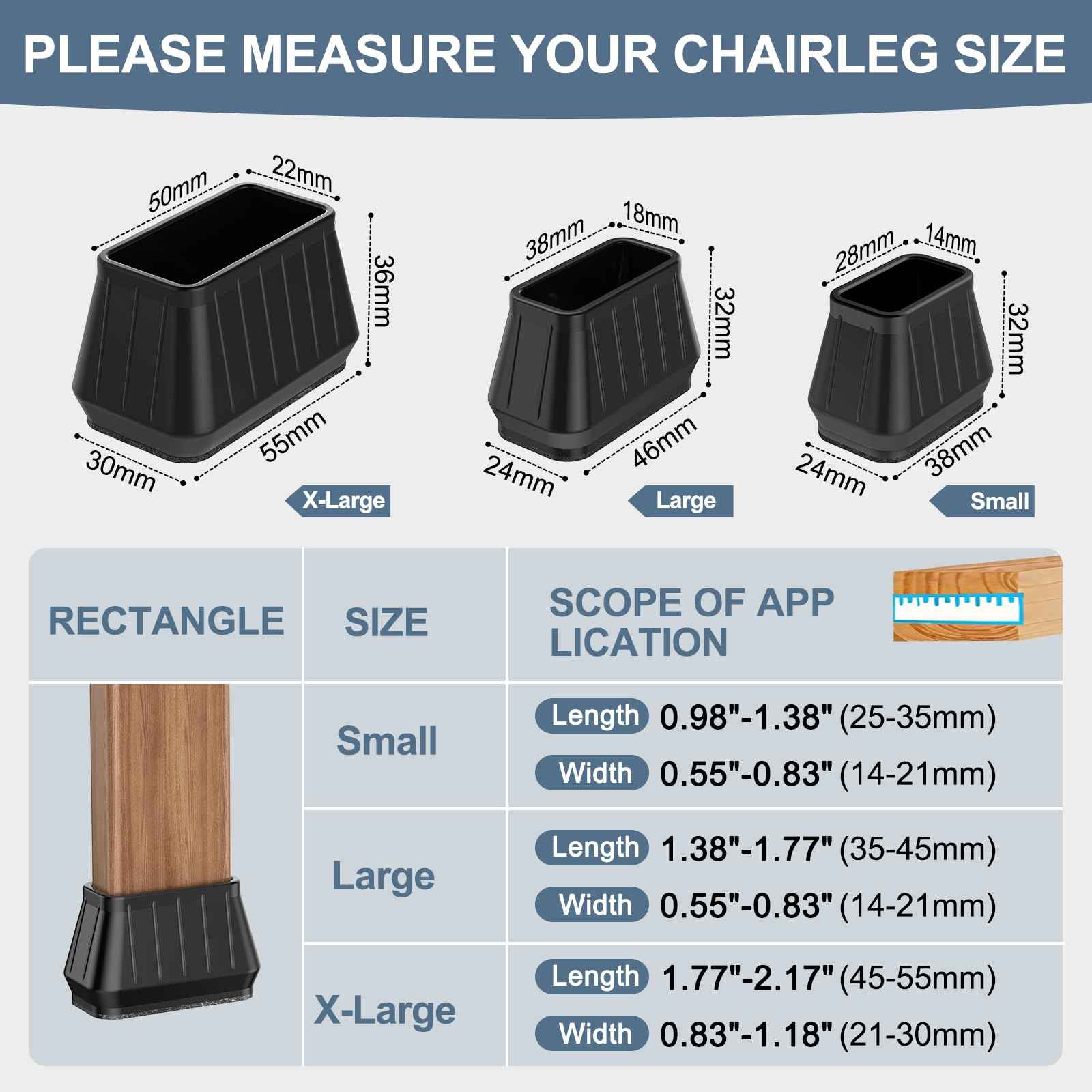 24PCS Rectangular Chair Leg Floor Protectors for Hardwood Floors, Thicken Rubber Chair Leg Cap Covers, Non Slip Furniture Leg Pads to Protect Wood Tile Floors from Scratches and Reduce Noise