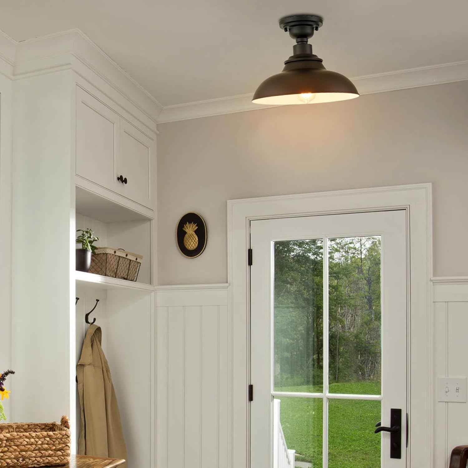 12-Inch Farmhouse Semi Flush Mount Ceiling Light - Black Industrial Barn Fixture for Bedroom, Kitchen, Foyer