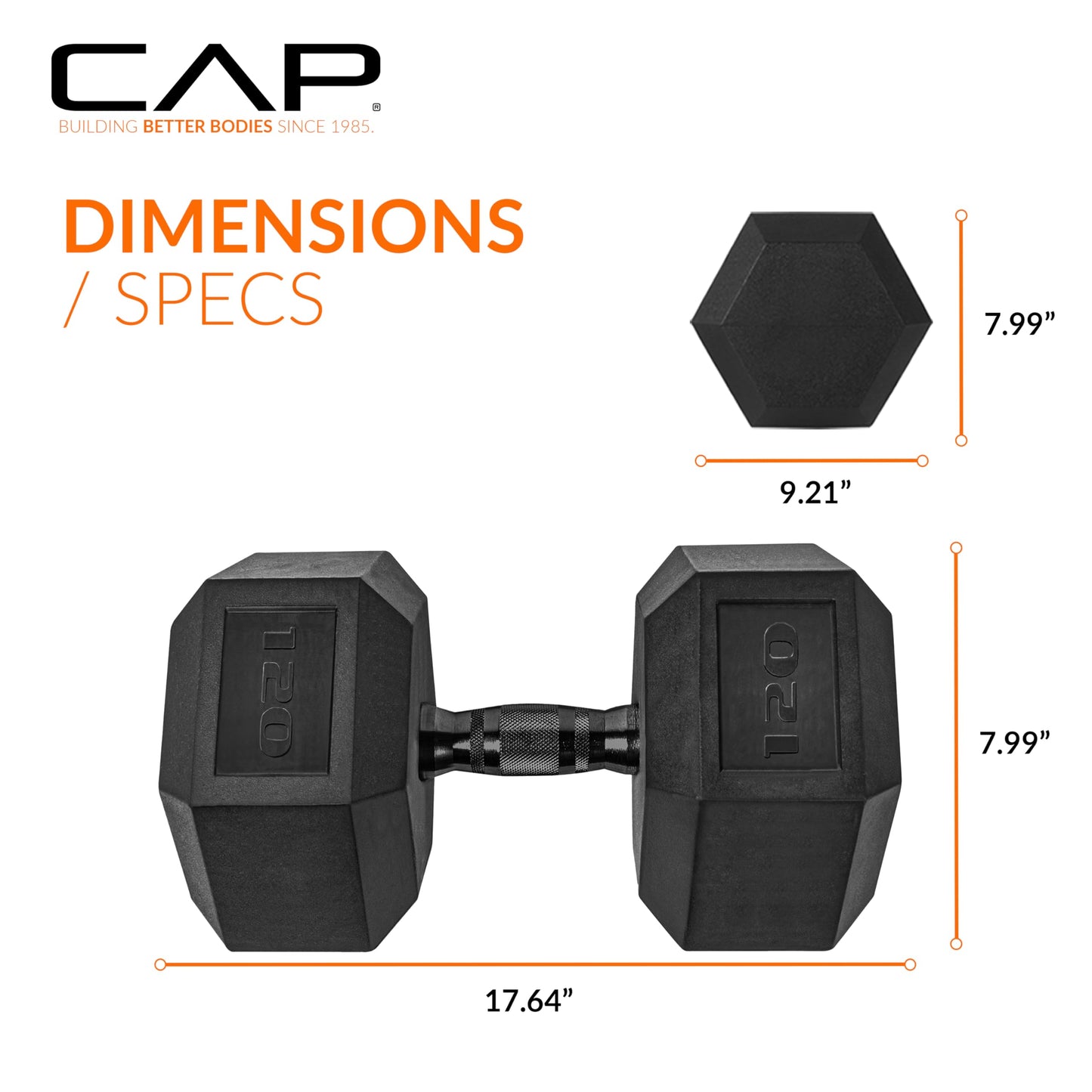 CAP 120lb Rubber Coated Hex Dumbbell, Black Grip, Free Weights, Pair