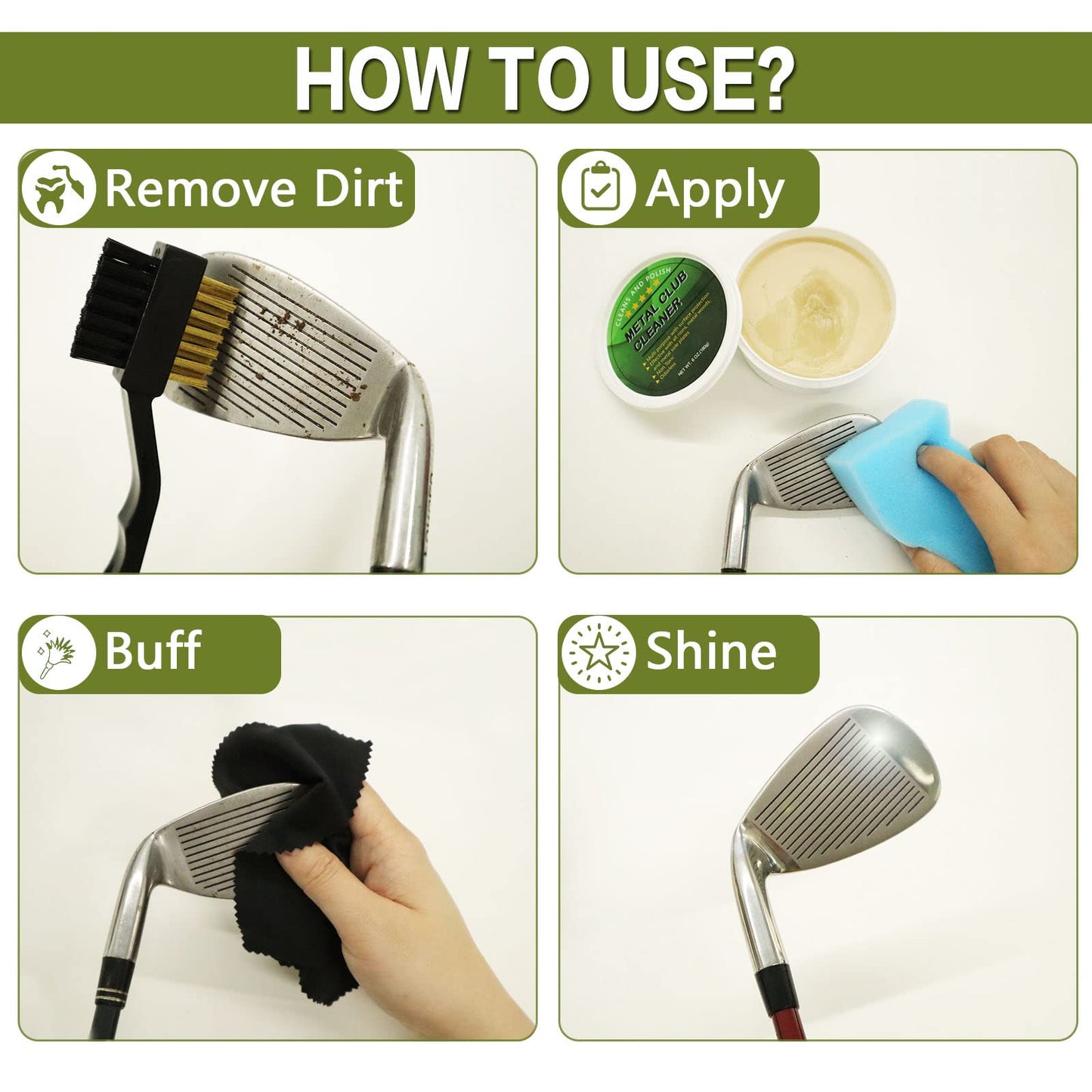 FINGER TEN Golf Iron Polishing Kit Club Cleaner Polish Cleaning Solution Golf Club Care Set Golf Brush Cleaner Sponge Value Pack (Club Cleaner 8 Set)