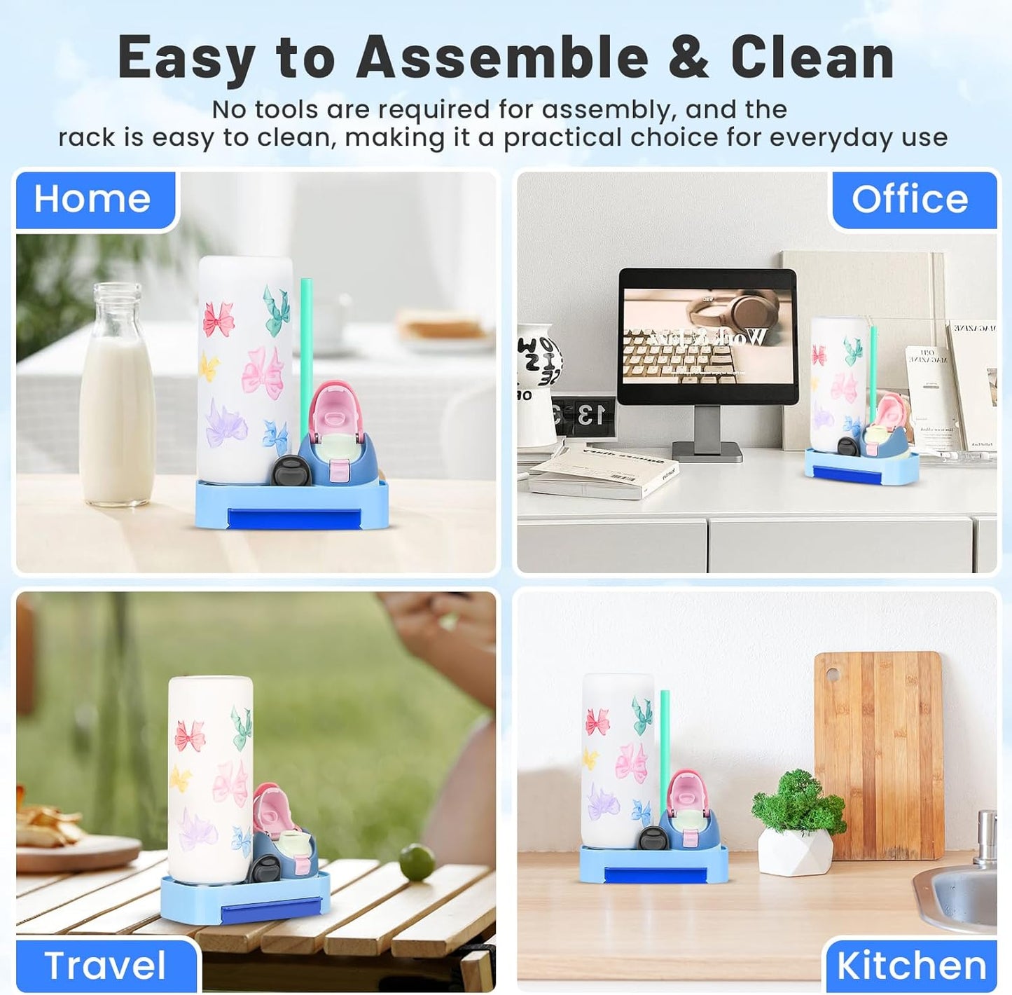 Owala Bottle Drying Rack - Portable Space-Saving Stand with Drain Tray & 4 Cleaning Brushes | Blue
