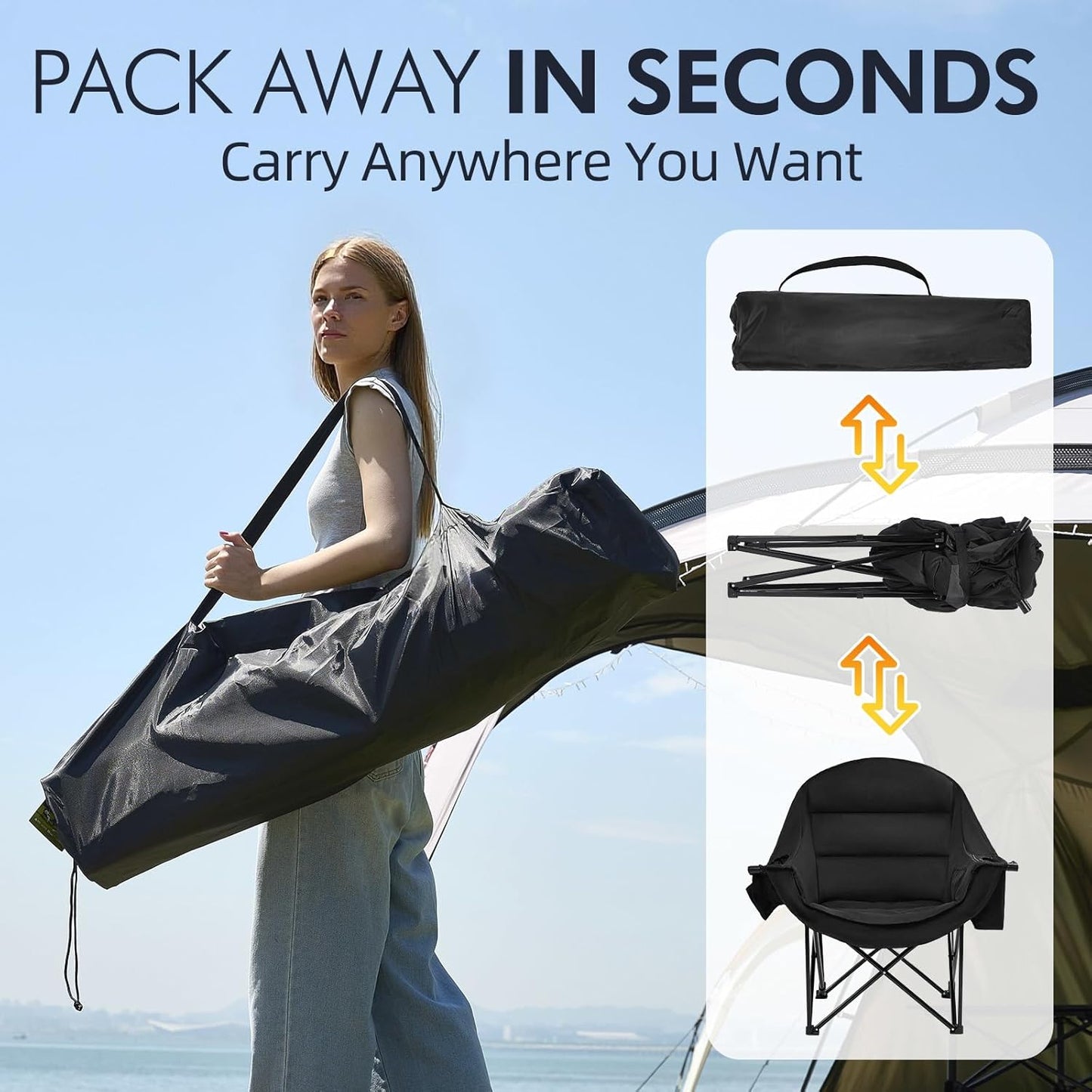 Skiennix Oversized Camping Chair - Heavy Duty Padded Folding Lawn Chair with Cup Holder | Supports 500lbs, All Black