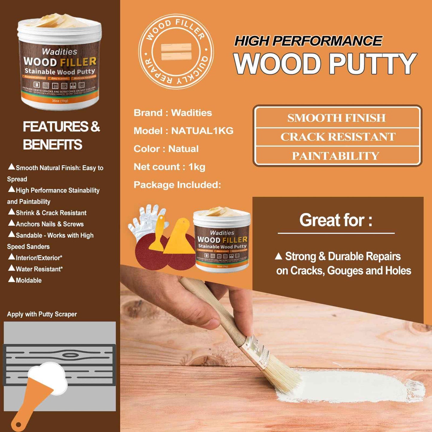 35oz Wood Filler, Natual Wood Putty, Wadities Paintable Stainable Wood Repair Putty, Wood Furniture Repair Kit, Quickly Repair Broken and Defective Wooden Furniture (Natual)