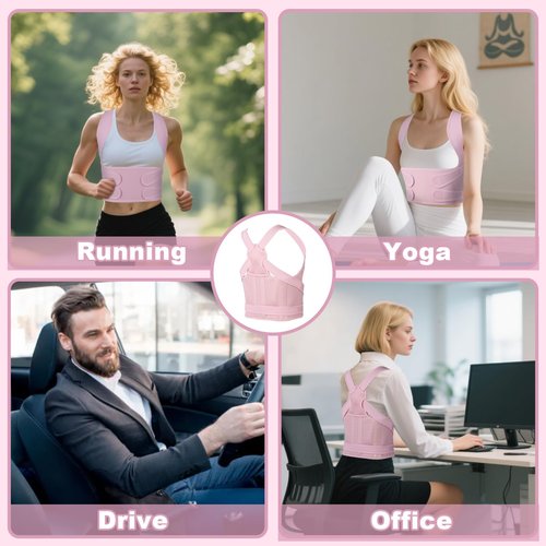 Posture Corrector for Women and Men,4 In 1 Adjustable Full Back Brace,Posture Braces Can Relieve Upper and Lower Back Pain, Shoulder Braces for Hunchback,Scoliosis, Lumbar Spine, Spine（Large Pink）