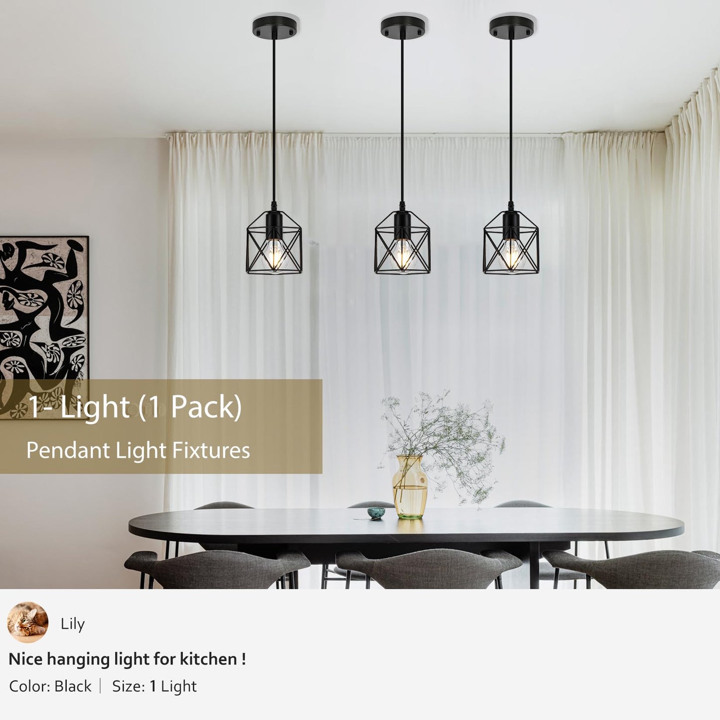 1-Light Hanging Pendant Light Fixture, Black Pendant Lights Kitchen Island, Farmhouse Pendant Lighting with Bedroom Dining Room, E26 Base, Bulbs Not Included