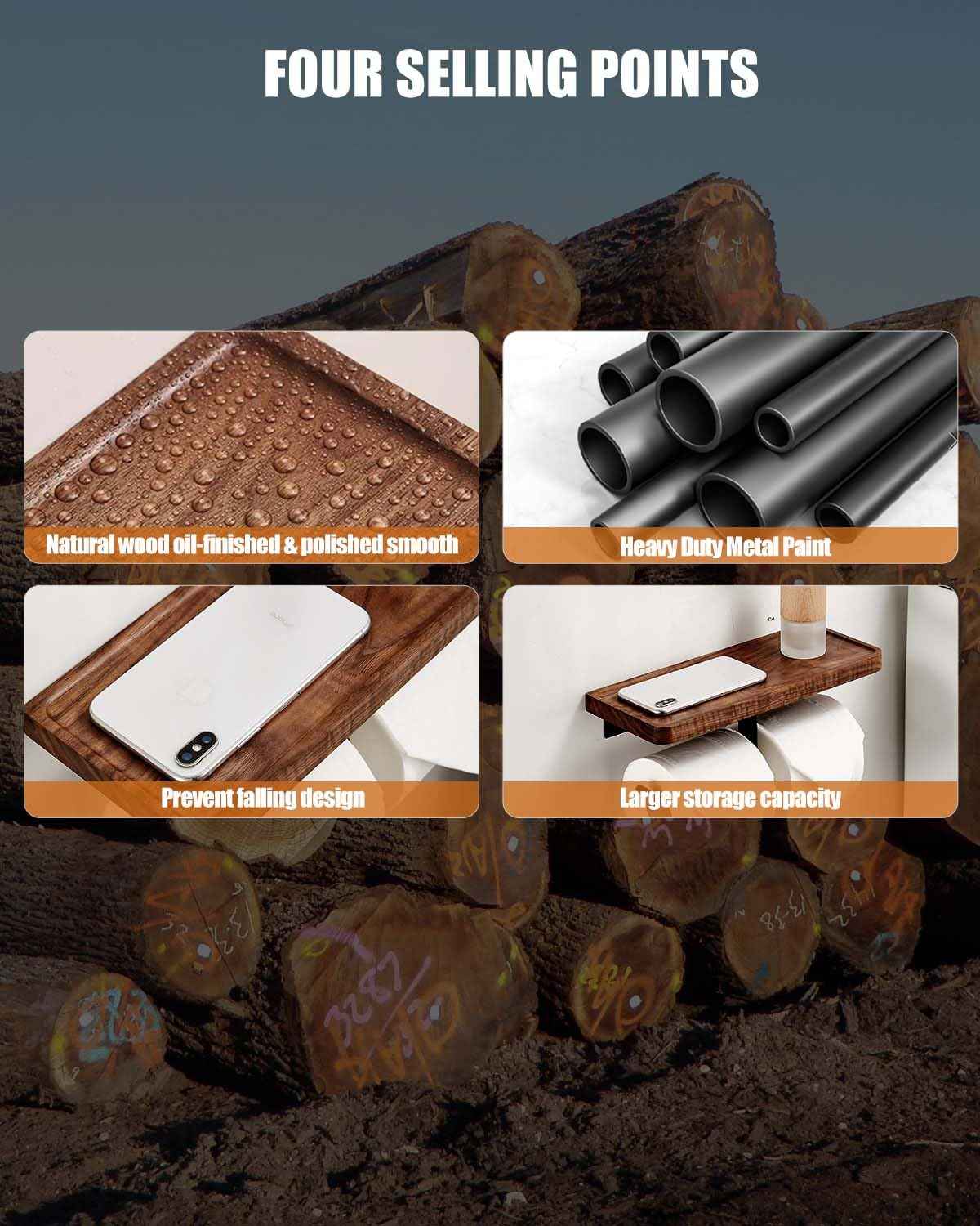 Adhesive Wood Double Toilet Paper Holder with Shelf Storage, Wall Mount Wooden Toilet Paper Roll Holder and Wipes Holder with Phone Shelf, 304 Stainless Steel & Wood, Double Roll Matte Black