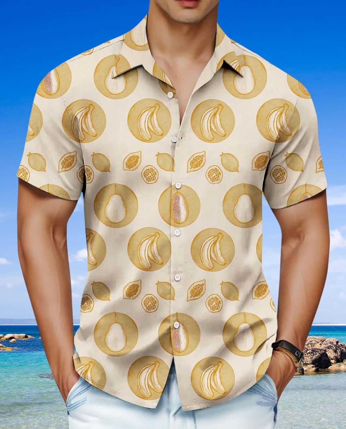 Skiennix Men's Hawaiian Shirt - Unique Fruit Print for Summer Vacation | Tropical Button-Up Tee