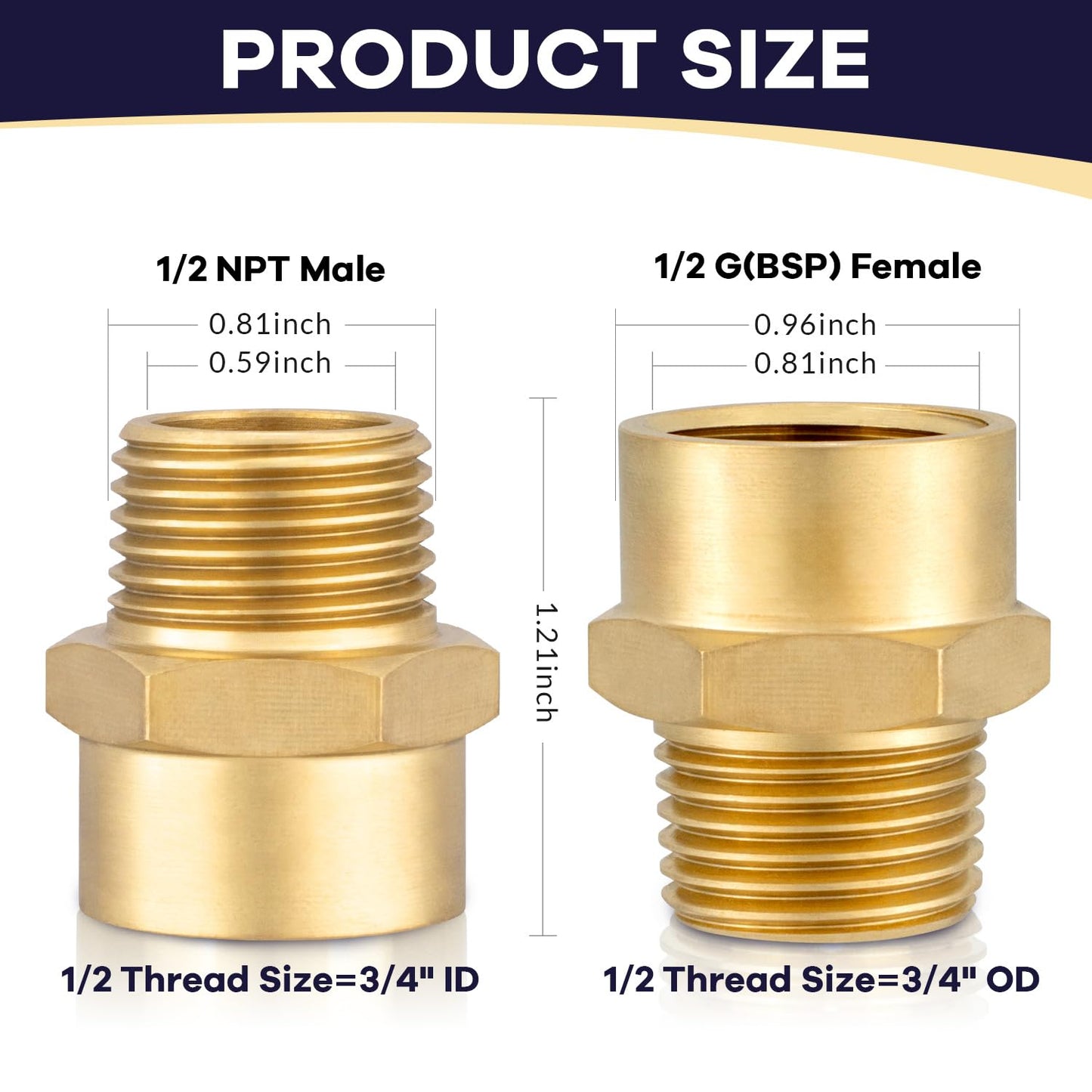 G 1/2 (BSP) Female Thread to US 1/2 NPT Male Thread Brass Pipe Fitting Adapter,G to NPT Adapter 1/2 Inch Converter Connector（2 Pack）