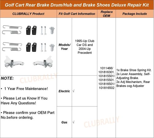 CLUBRALLY Golf Cart Brake Shoes Spring Repair Kit, Club Car Brake Kit for Club Car DS 1995-Up & Precedent 2004-Up Golf Cart, OEM#101816301, 101815501/101815501, 101816501/101816502