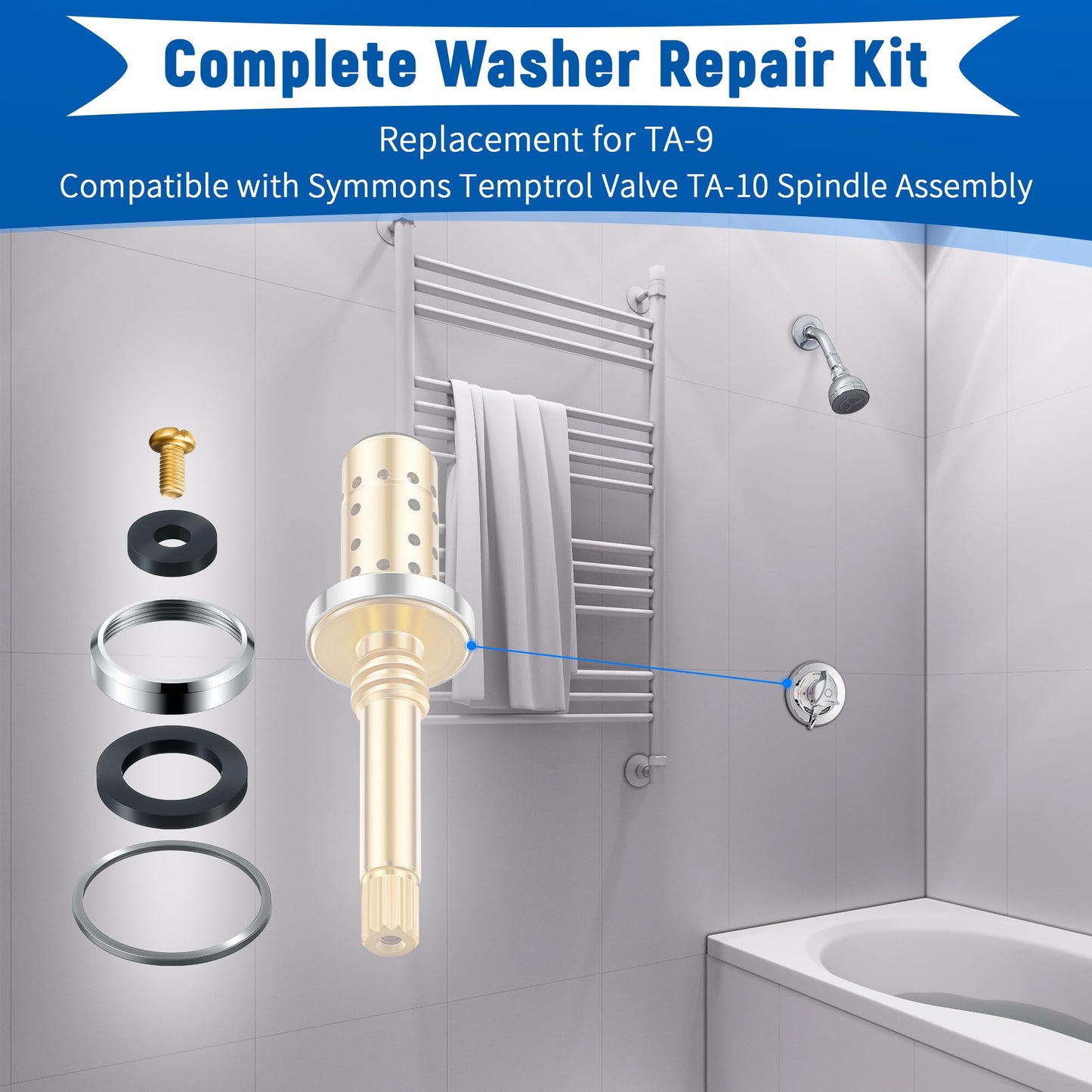 Enhon 2 Pack Washer Repair Kit Replacement for TA-9, Compatible with Symmons Temptrol Valve TA-10 Spindle Assembly, T-8 Cold Washer, T-7 Retainer, T-6 Hot Washer, T-5 Screw and T-11 Cap Gasket