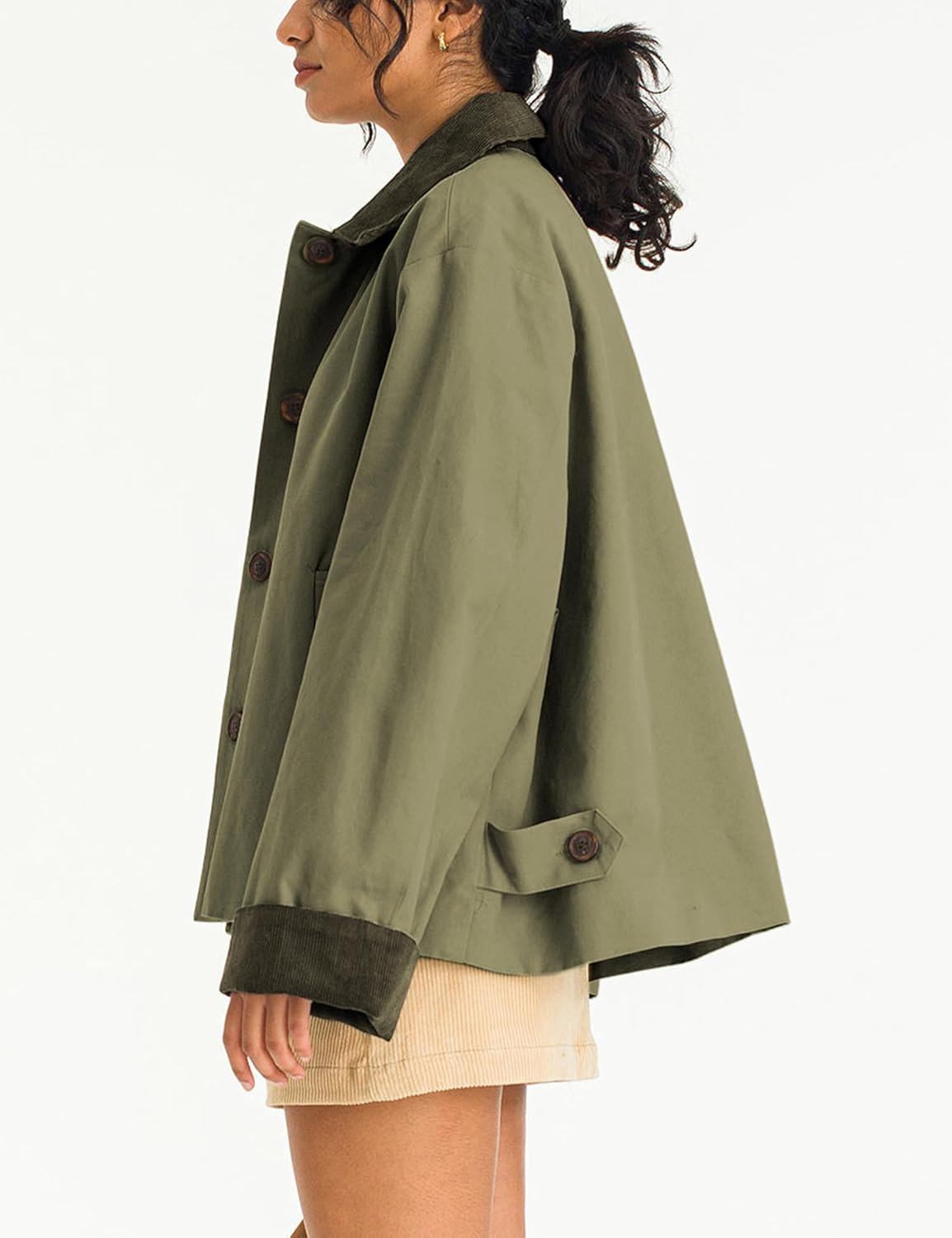 Viefent Women's Crop Trench Coat - Casual Button Down Jacket with Pockets | Army Green, Long Sleeves