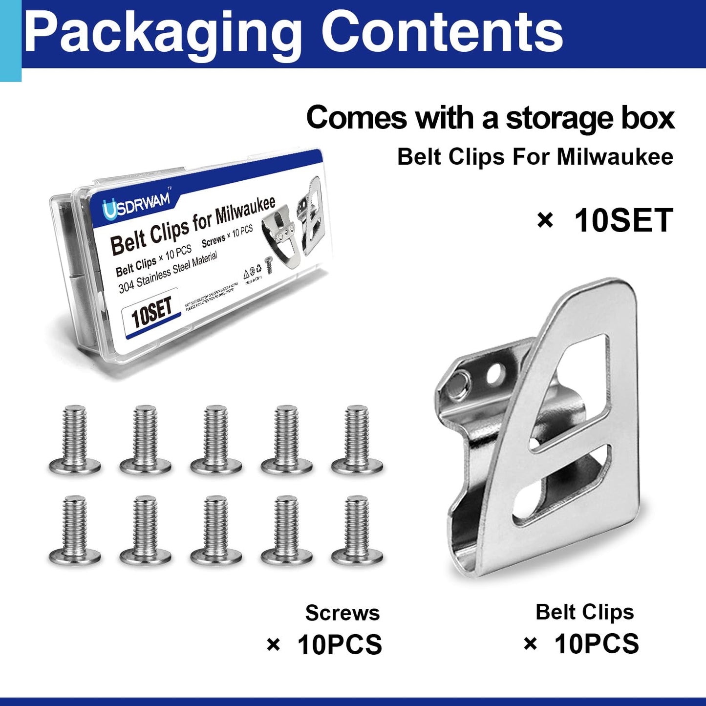 Belt Clip for Milwaukee, 10pcs 304 Stainless Steel Drill Tool Clips Hook Kit with Screws for Milwaukee 2604-20, 2604-22, 2604-22CT, 2797-22
