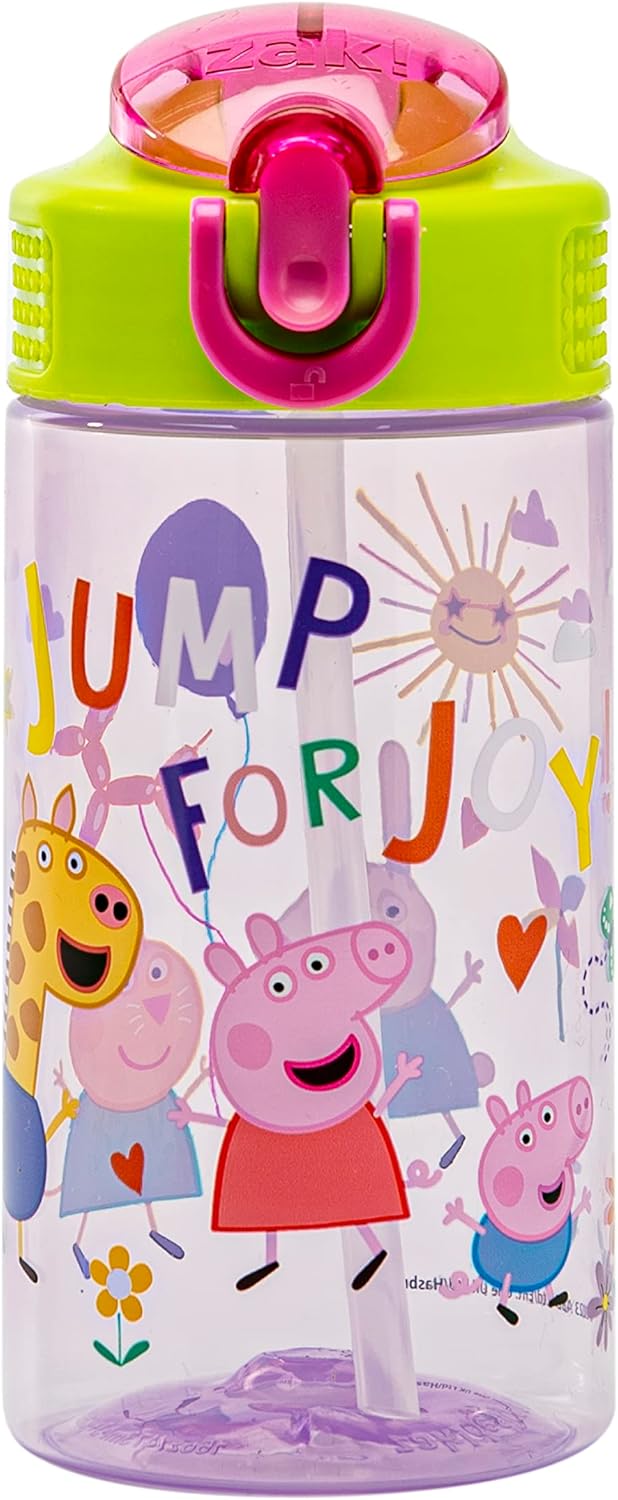 Zak Designs Peppa Pig Kids Water Bottle - 16oz Durable Plastic with Straw, Handle & Leak-Proof Design