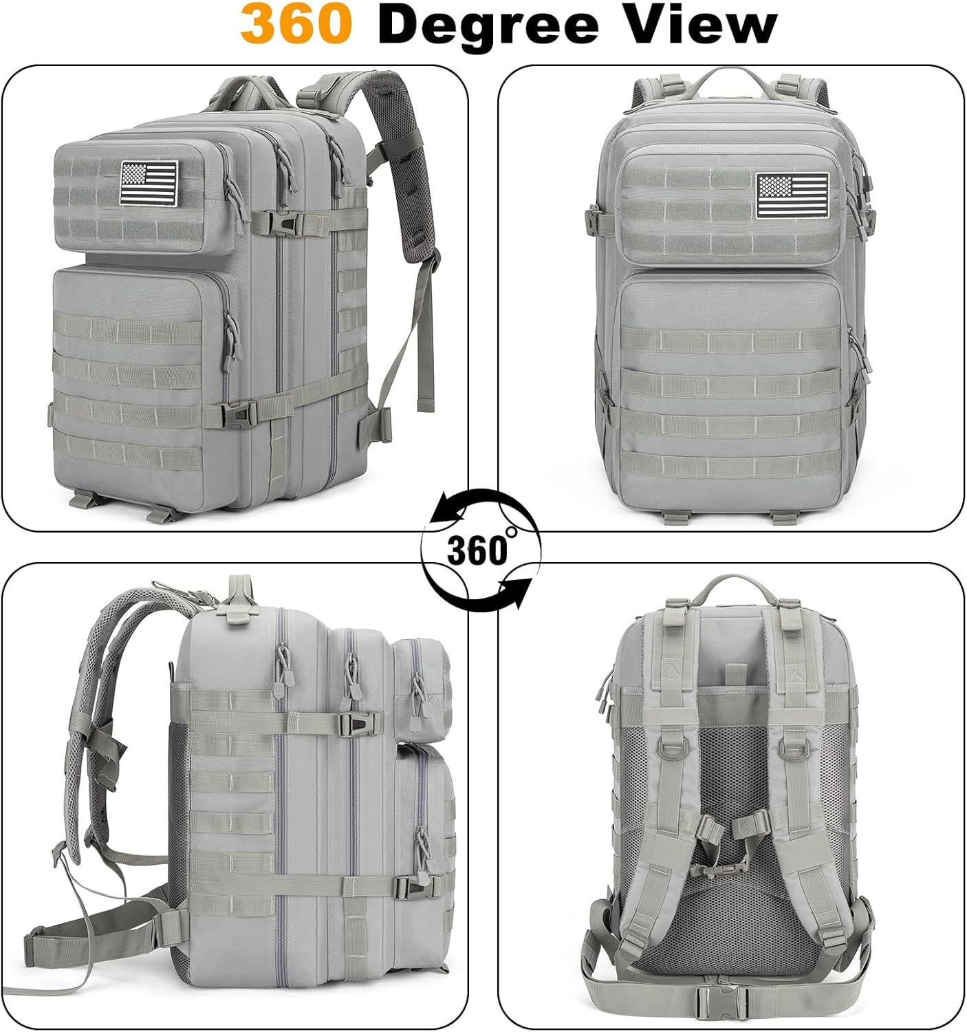 Skiennix Tactical Backpack 45L - Water Resistant MOLLE Rucksack | Durable 3-Day Bug Out Bag for Hiking & Travel (Grey)