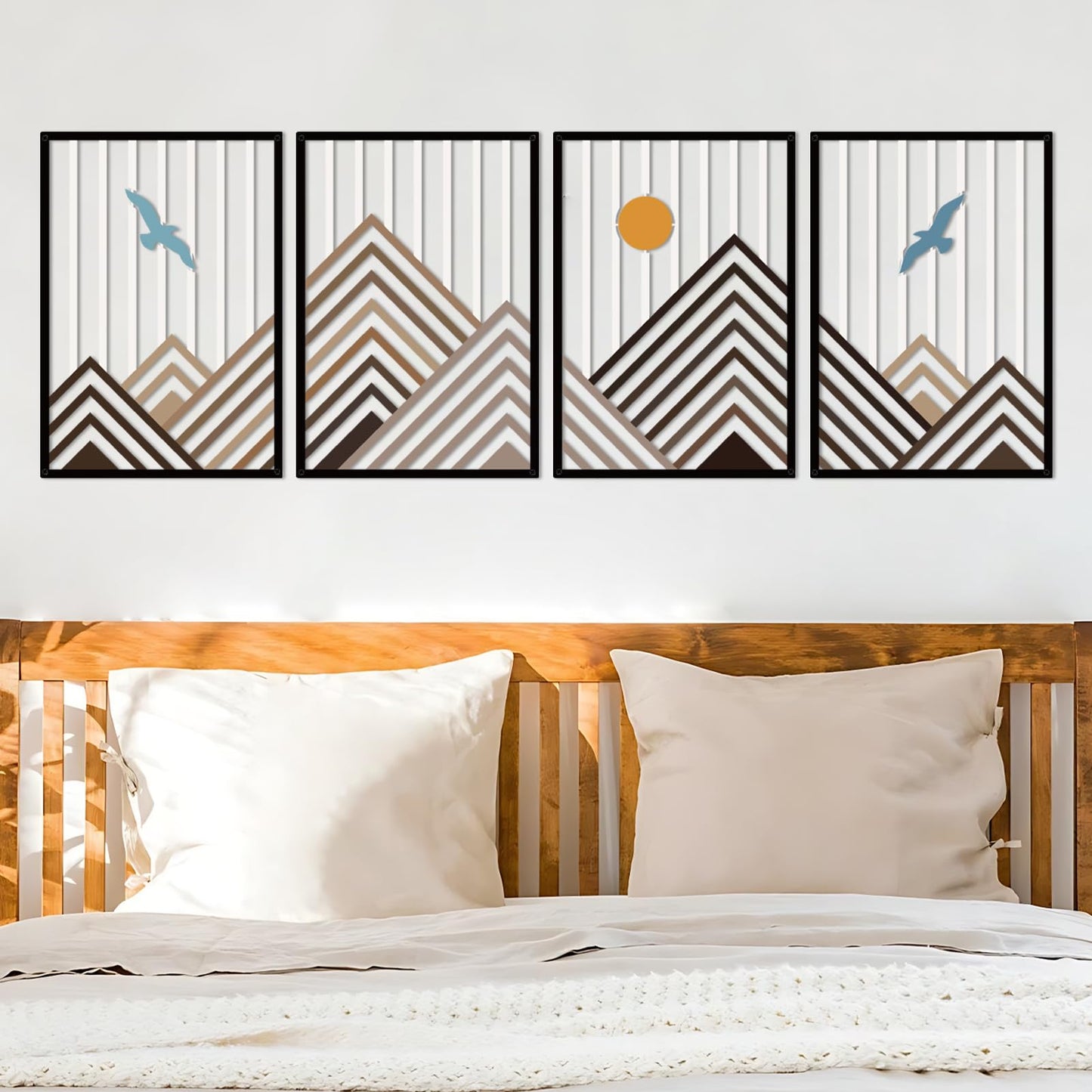 Resama 4 Pcs Geometric Mountain Wall Art, Bird & Sun Nature Metal Wall Decor, Modern Abstract Mountain Range Wall Sculpture for Living Room Bedroom, Minimalist Home Hanging Art