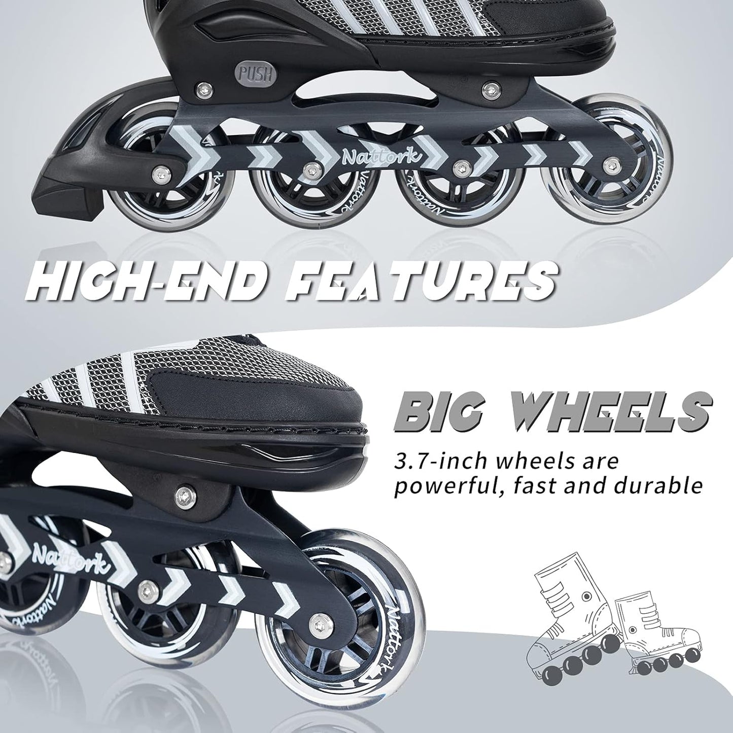 Nattork Adjustable Inline Skates - Perfect for Adults & Teens | Indoor & Outdoor Use, Ideal for Beginners