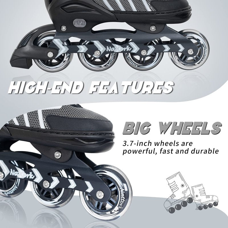 Nattork Adjustable Blades Roller Skates for Adults Women and Men,Outdoor & Indoor Black Inline Skates for Kids,Boys,Beginners, Men Size 9 10 11 11.5