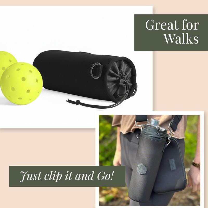 Posh Pickler Pickleball Drawstring Pouch, Fits 3 Pickleballs or 18 oz Bottle, Durable Neoprene Pouch, Hands-Free Clip-On Design, Compatible with Crossbody Paddle Cover & Strap, 9" L x 4" W, Black