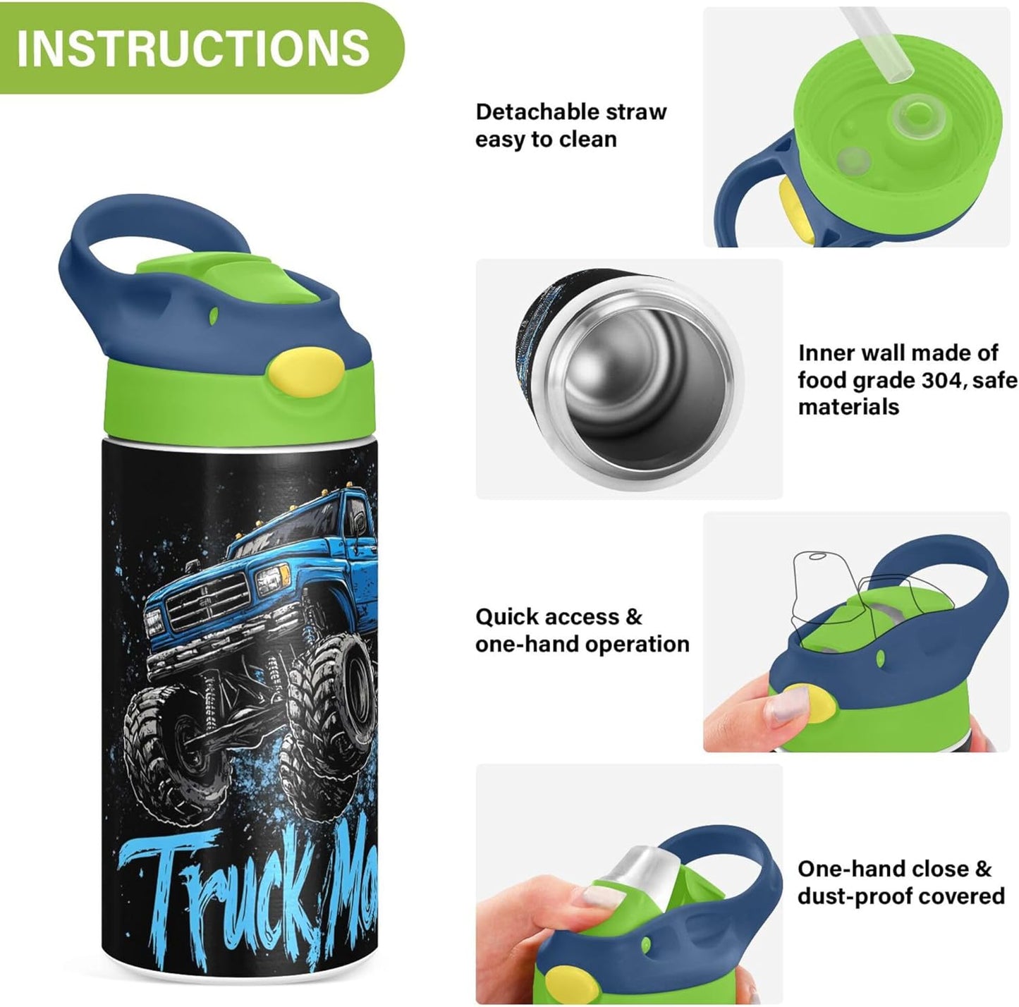 Monster Truck Water Bottle - Vacuum Insulated Stainless Steel with Straw & Handle | 12 oz Green Lid for Kids 4-8 Years Old