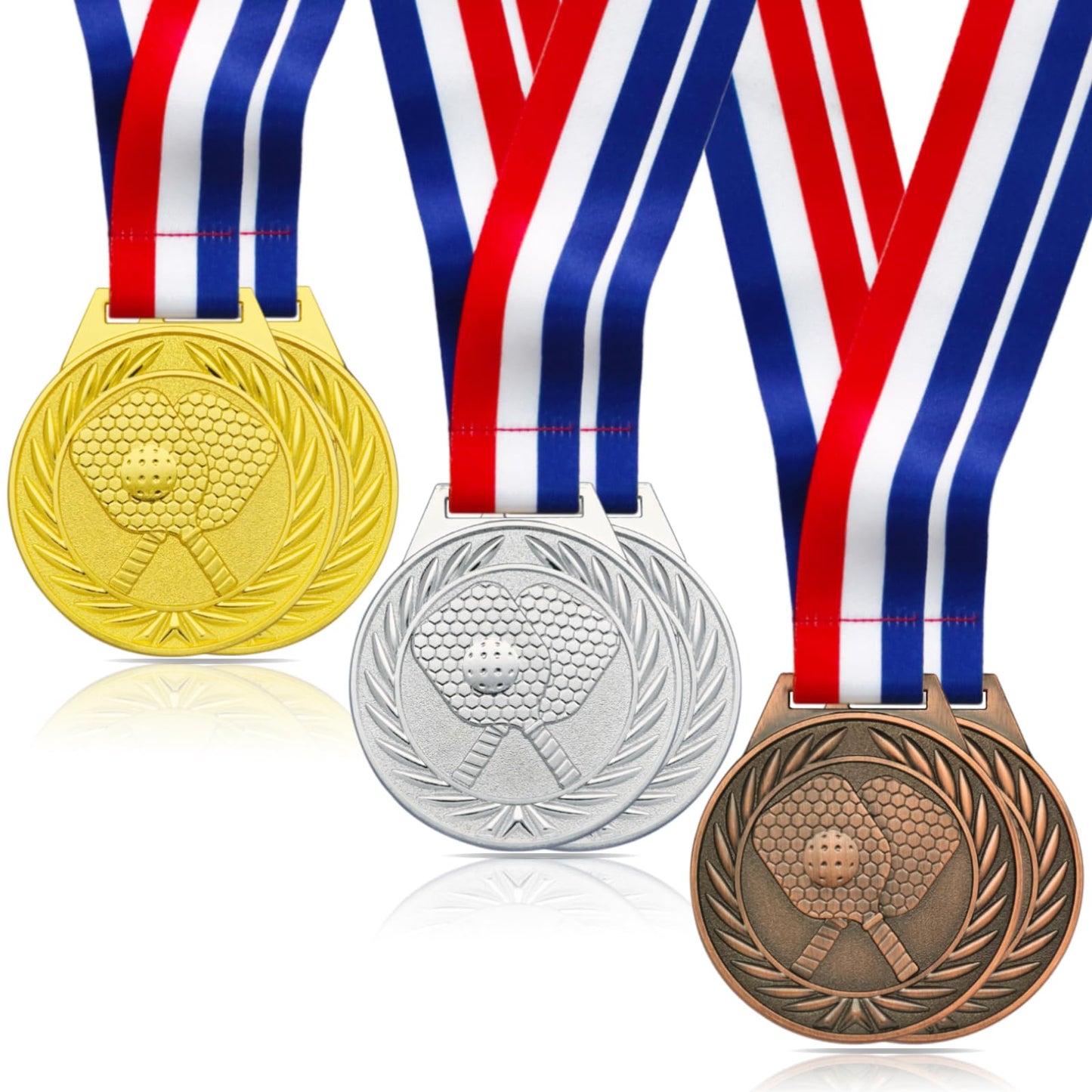 Donrime 6 Pcs Pickleball Medals - 2.56 Inch Gold Silver Bronze Metal Pickle Ball Medal with V Neck Ribbons for Kids Adults Trophy Award Prize Gift
