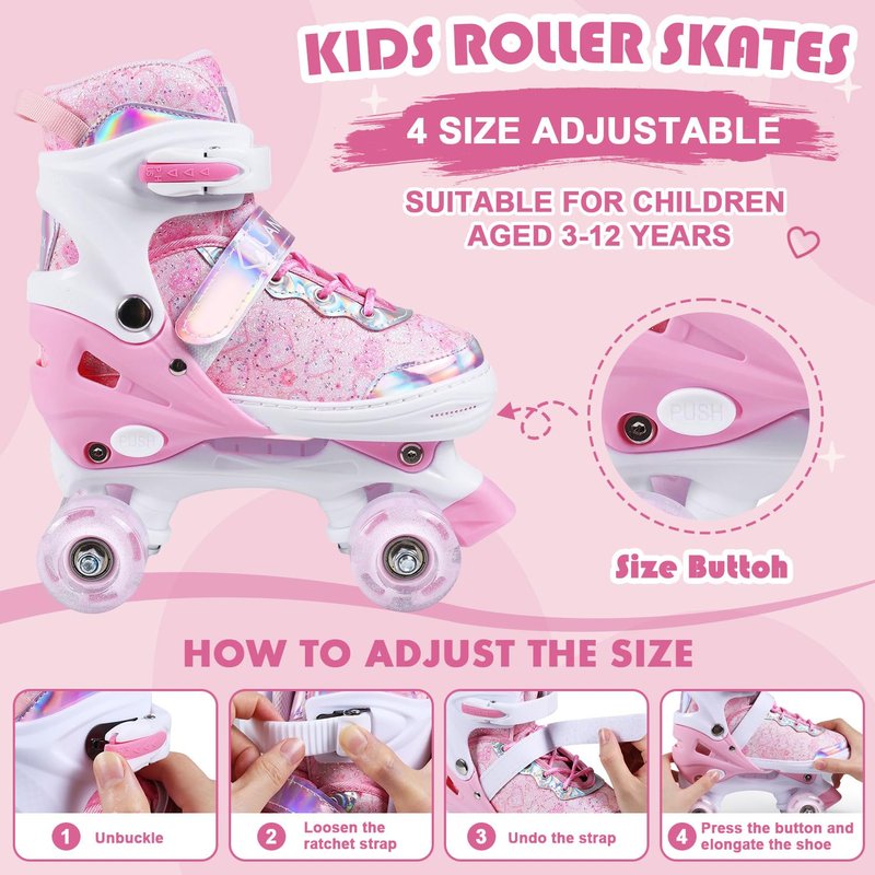Huanovix Kids Roller Skates, 4-Size Adjustable RollerSkates with Light Up Wheels, Indoor Outdoor Illuminated Skates for Girls Boys Toddlers Youth Adult (Pink, M(US 13C-3/7.5-8.5 in))