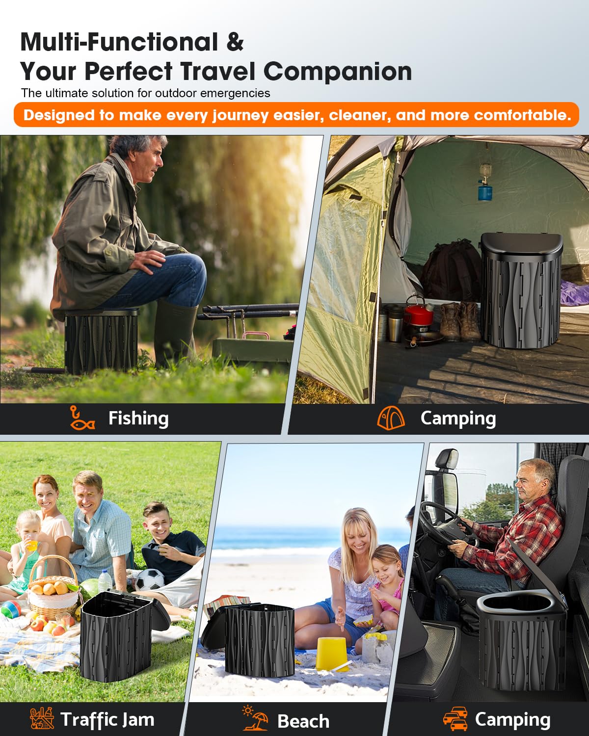New Upgraded 15'' XL Portable Toilet for Adults, Camping Toilet Tested 500 LBS With Lid & Removable Paper Holder, Portable Potty for Truck Drivers, Camping, RV, Hiking, Car, Tent, Beach, Emergencies