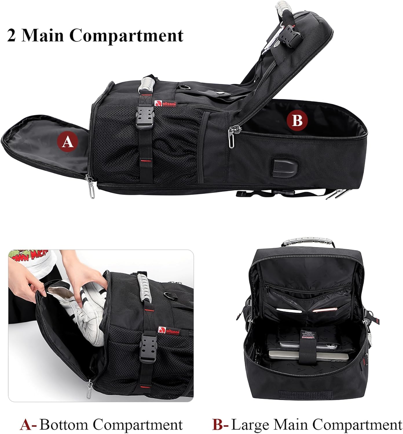 WITZMAN Travel Backpack - Convertible Duffle Luggage Bag for 17-Inch Laptop - Black