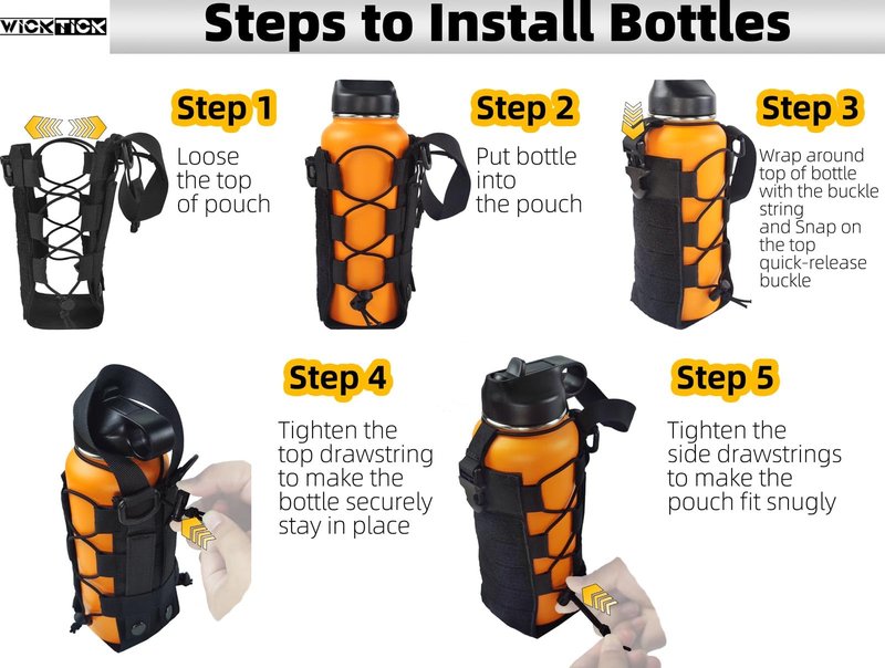 WICKTICK Molle Water Bottle Holder Pouch 16 24 32 40 64 oz - Multi-Purpose Tactical Fuel Bottle Bag, Adjustable Size for Outdoor Activities, Adapted to Backpack/Vest/Belt (Black, Classic)