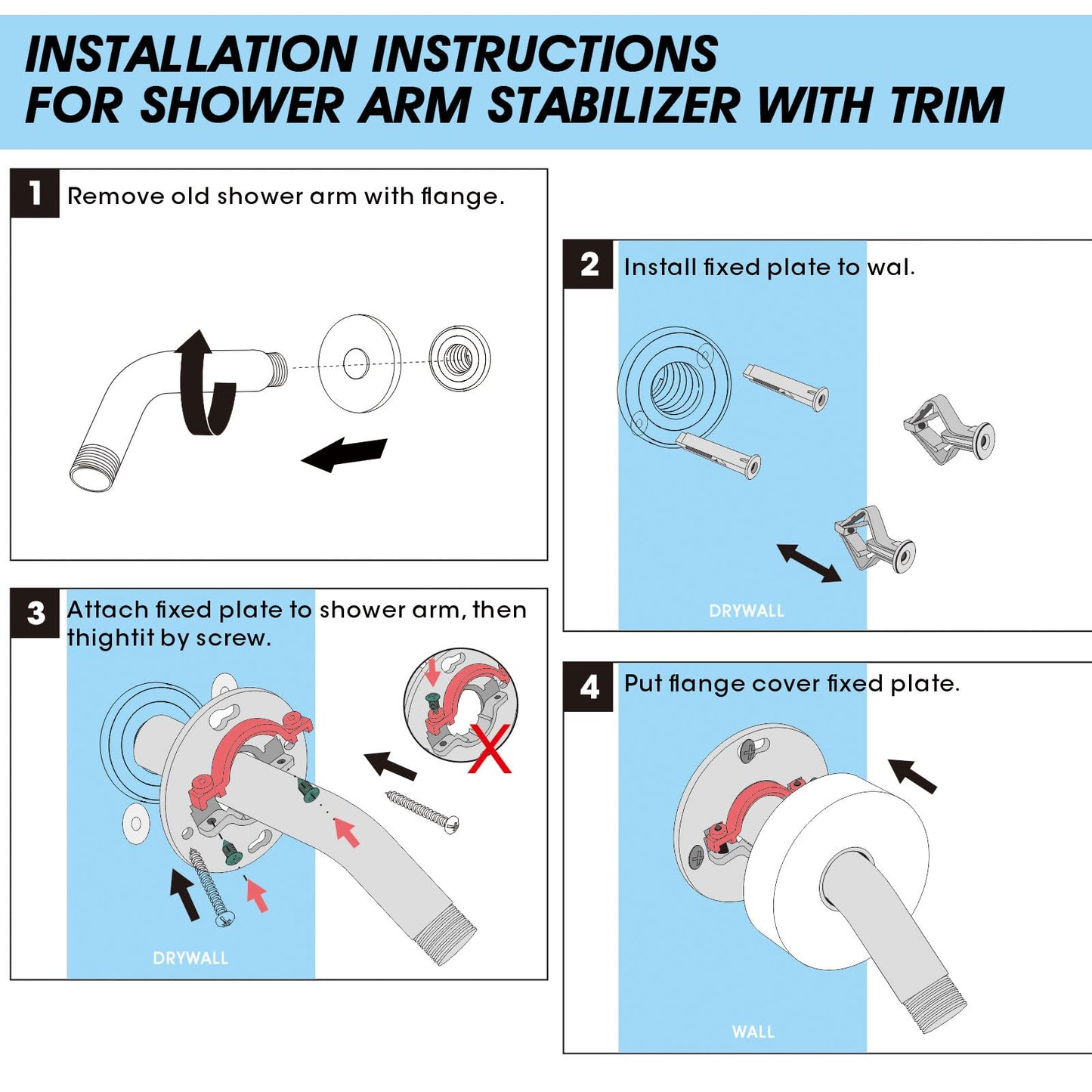 RAINREVIVE Chrome Shower Arm Flange, Shower Arm Stabilizer Bracket and Flange Cover Plate