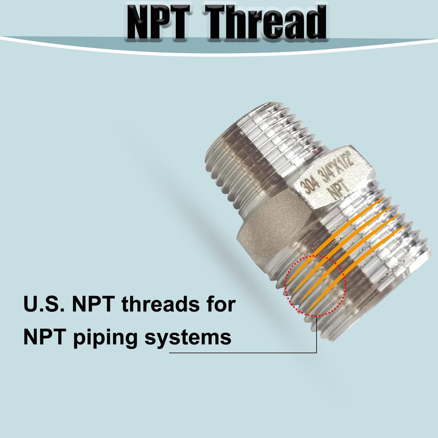 304 Stainless Steel Hex Nipple Reducer, 3/4" x 1/2" NPT Male Threaded Reducing Nipple Pipe Fitting Adapter, 2000psi Heavy Duty Reducer Straight Connector (3/4"- 1/2")
