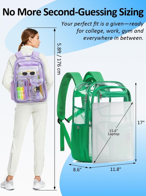 QOECI Double-Layer Clear Backpack Heavy Duty, 17 Inch Large Clear Bookbag, Transparent See Through Backpack For Work, College, Travel, Sport- Green