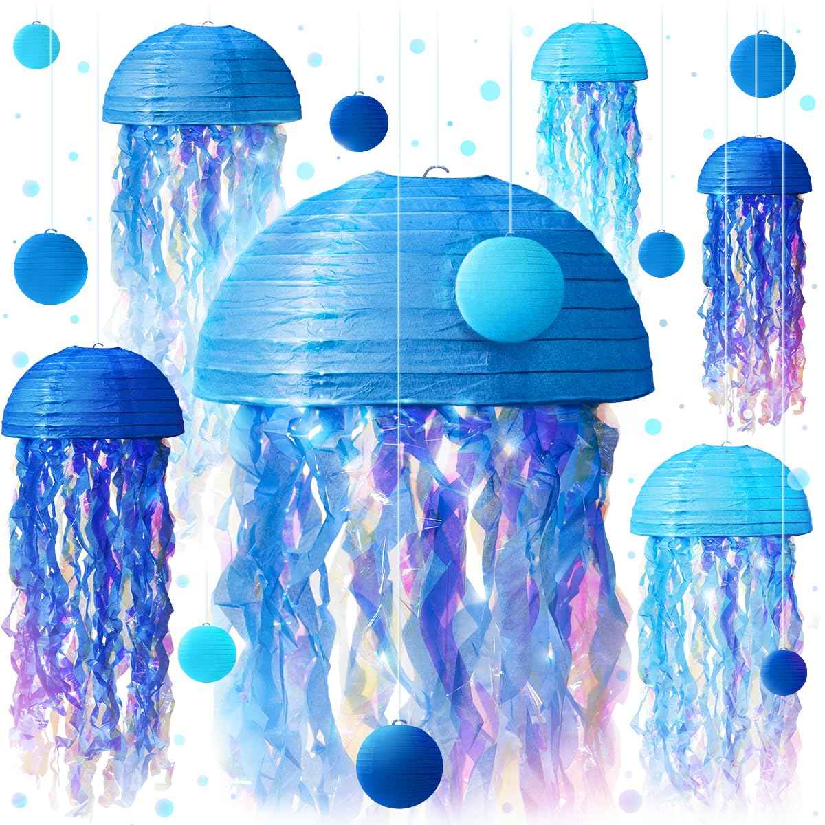 Jellyfish Paper Lanterns and Bubbles - Under Sea Party Decorations, Mermaid Party Decor, Mermaid Birthday Decorations and Hanging Jellyfish Decor by Avoseta (15pcs, Jelly Fish, Blue and Cyan)