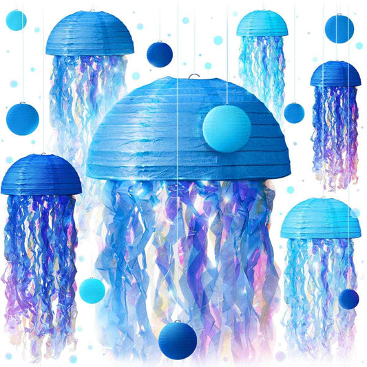 Jellyfish Paper Lanterns and Bubbles - Under Sea Party Decorations, Mermaid Party Decor, Mermaid Birthday Decorations and Hanging Jellyfish Decor by Avoseta (15pcs, Jelly Fish, Blue and Cyan)