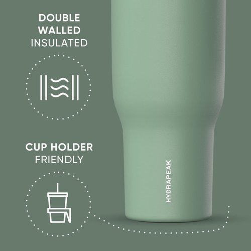Hydrapeak Voyager 40 Oz Stainless Steel Tumbler - Insulated Water Bottle with Handle & Straw | Sage Color