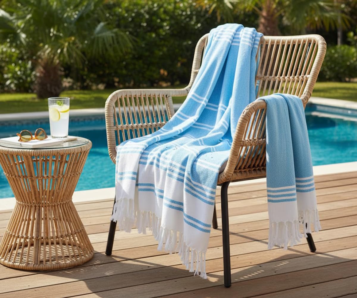 Aqua Beach Towels, 100% Cotton, Set of 2, Turkish Hammam Bath Towel, 36 x 71 Inches, Quick Drying Towels for Travel, Swimming Pool Towels, Striped Oversized Peshtemal Turkish Towel