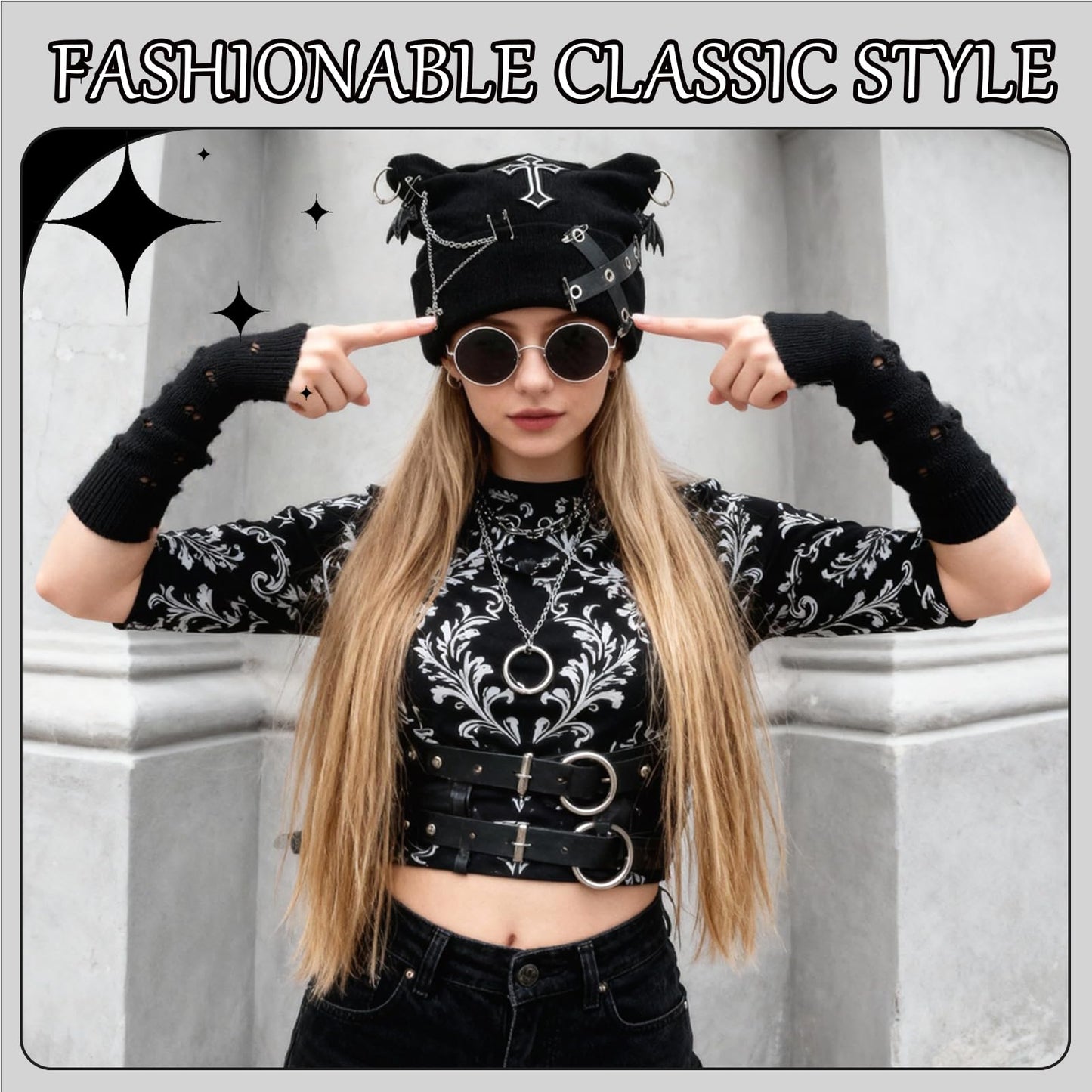 Angirlish Gothic Cat Beanie Set Y2k Cat Ear Knitted Hat Goth Arm Warmers Punk Grunge Emo Accessories for Woman Girls Black