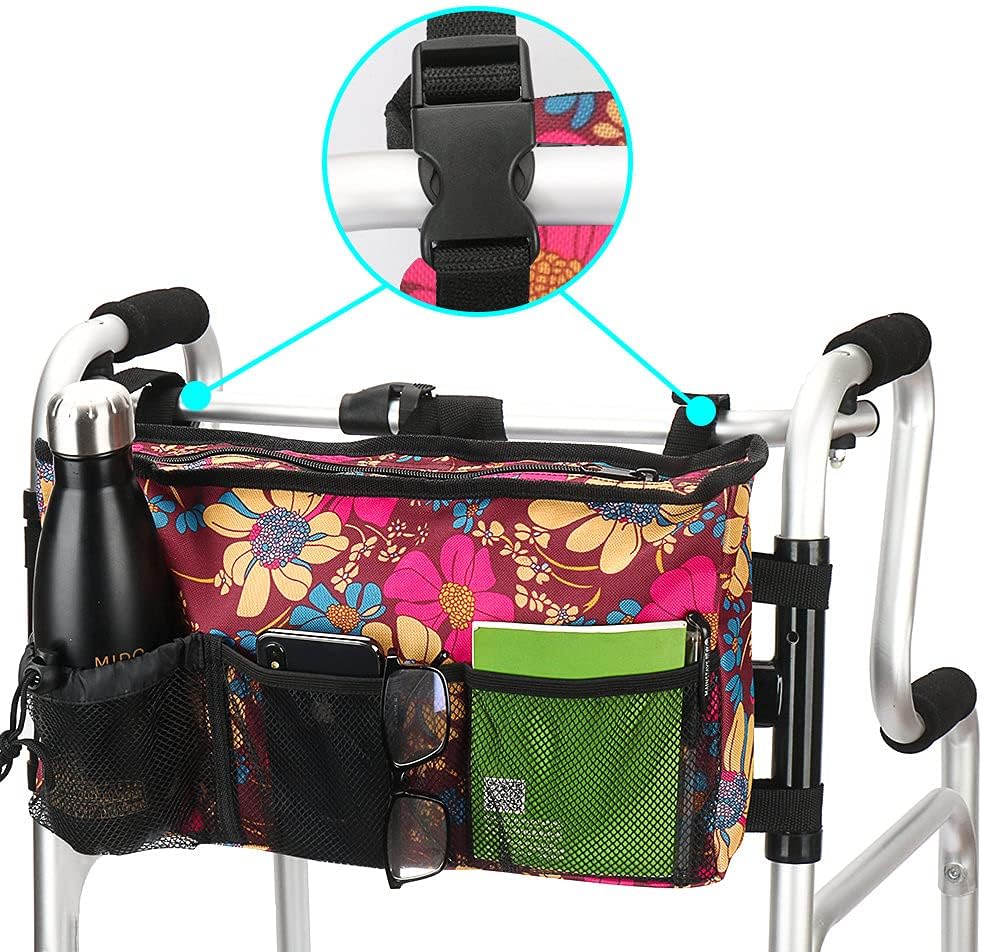 Walker Bag - Water Resistant Pouch Basket with 6 Pockets for Rollators & Wheelchairs | Floral Design