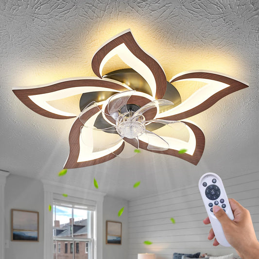 HuixuTe 24" Wood Geometric Ceiling Fan with Lights Remote Control, Low Profile Ceiling Fan with Light for Kitchen Bedroom Living Room
