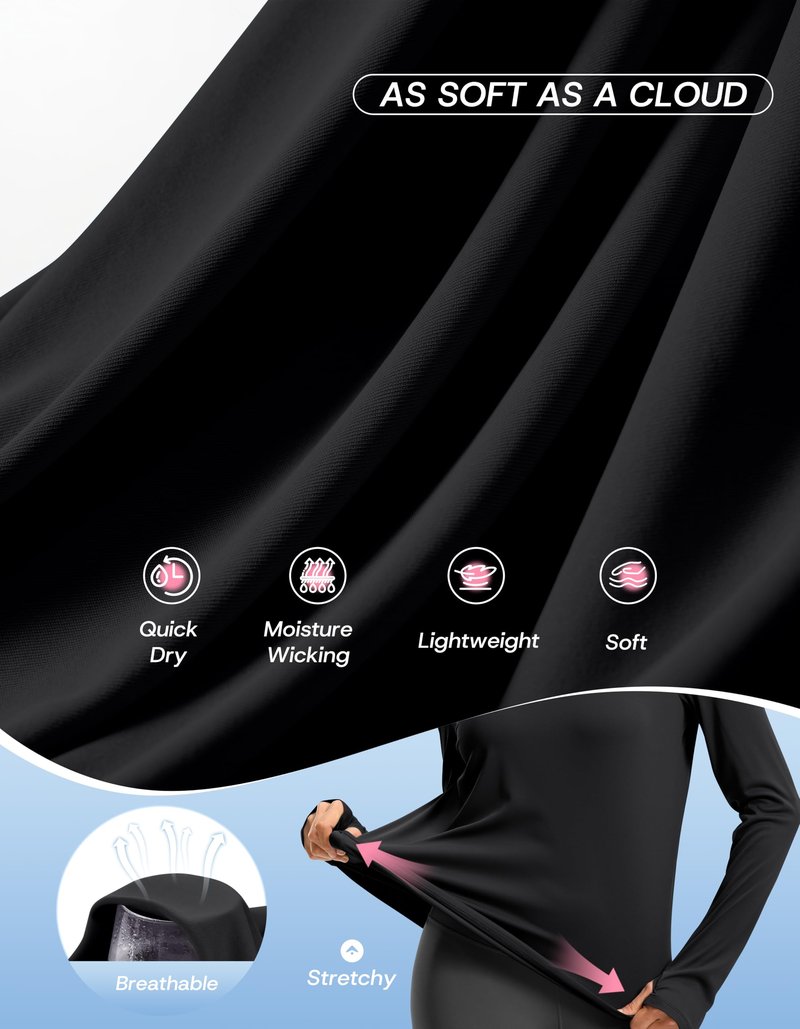 Soothfeel Long Sleeve Workout Tops for Women Lightweight Athletic Running Gym Active Shirts UPF 50+ Quick Dry Hiking Tops Black M