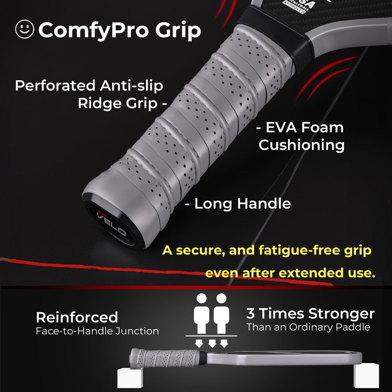 Velo Pickleball, Pickleball Paddles, Professional 3K Carbon Fiber Pickleball Paddle w/Control & Spin, Dual Foam Injected Edge for Large Sweet Spot, 16mm Core, Non-Slip Long Handle, USAPA Approved
