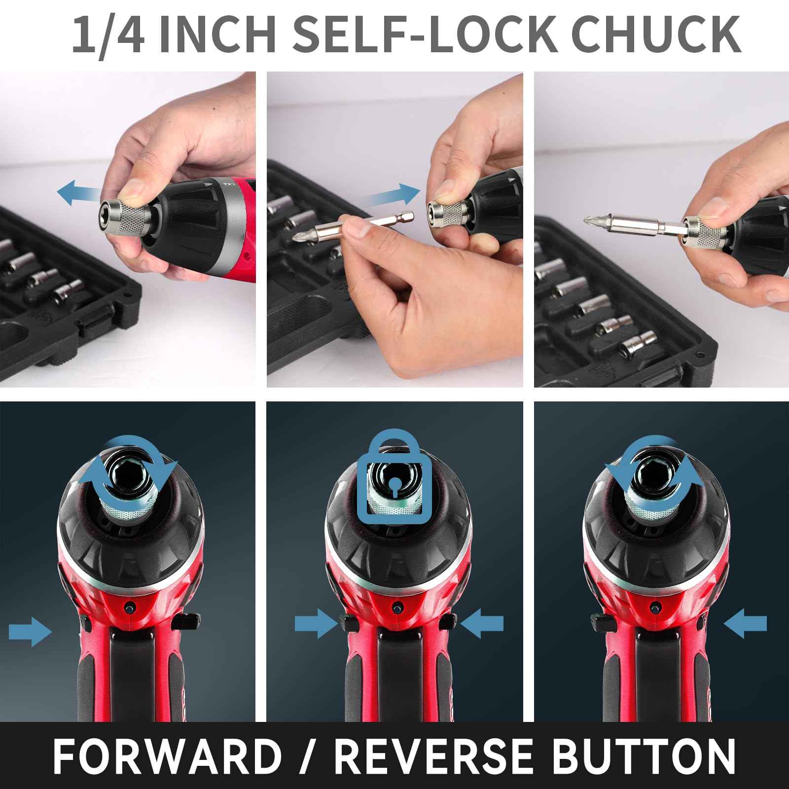 C P CHANTPOWER Cordless Electric Screwdriver Set，6+1 Torque Gears,1/4'' Hex Self-Lock Chuck, 4V Rechargeable lightweight Screwdriver with 11 pcs Accessories, Flashlight, Charger Red