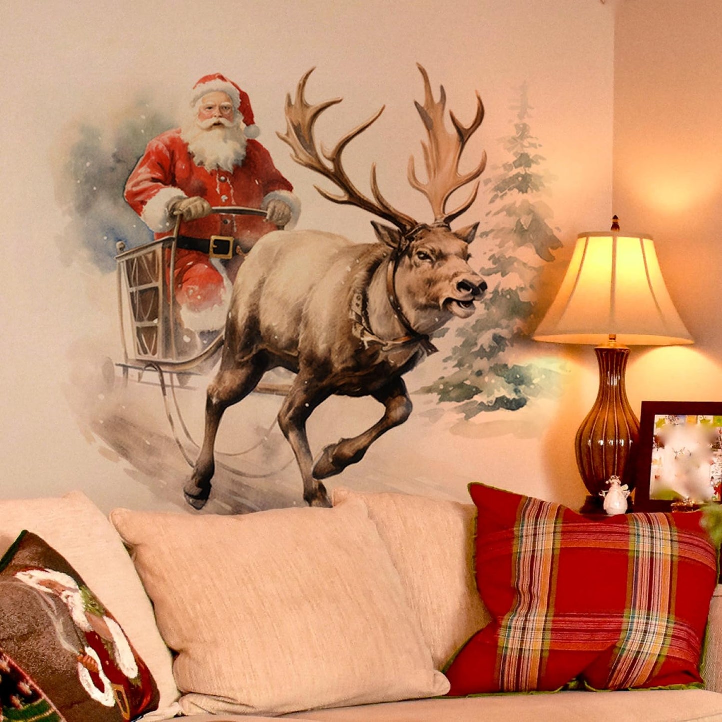 3D Christmas Reindeer Pulling Santa's Sleigh Wall Decal - Removable Tree Sticker, Vinyl Decor, Deer Snow Art Winter Scenes Mural, Peel and Stick