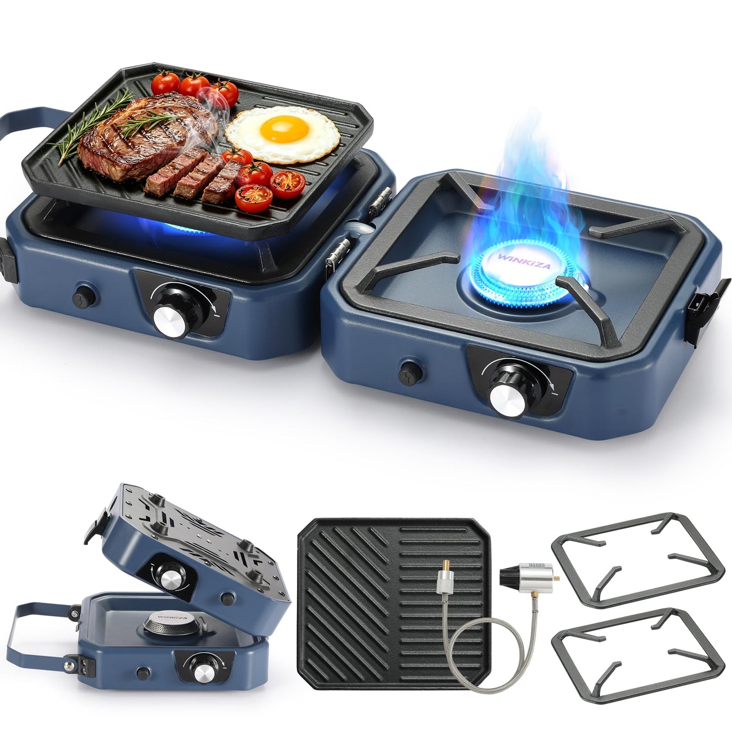 304 Stainless 2 Burner Propane Camping Stove with Griddle,Portable Floding Propane Camp Stoves with 24000BTU,Compatible with Grill Pan,Kettles & Cookware
