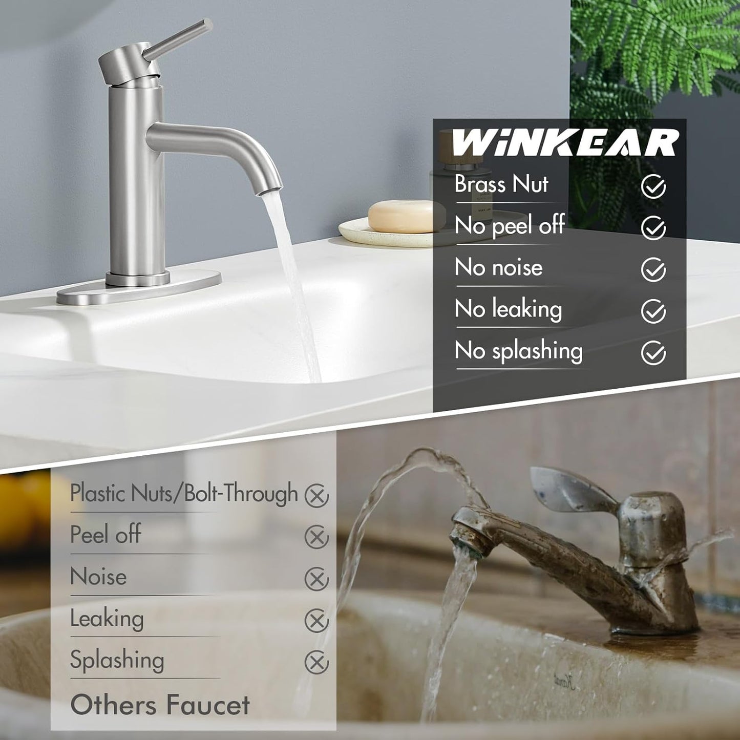 WINKEAR Gold Bathroom Faucet - Modern Single Hole Sink Faucet with Pop-up Drain & Flexible Hoses