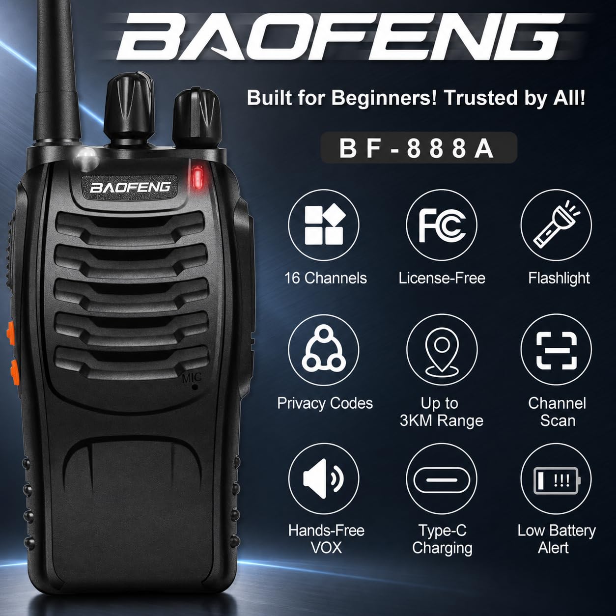 Baofeng Two Way Radios Long Range Walkie Talkies for Adults,16 Channel Handheld 2 Way Radio Rechargeable with Flashlight Li-ion Battery and Charger, 6 Pack