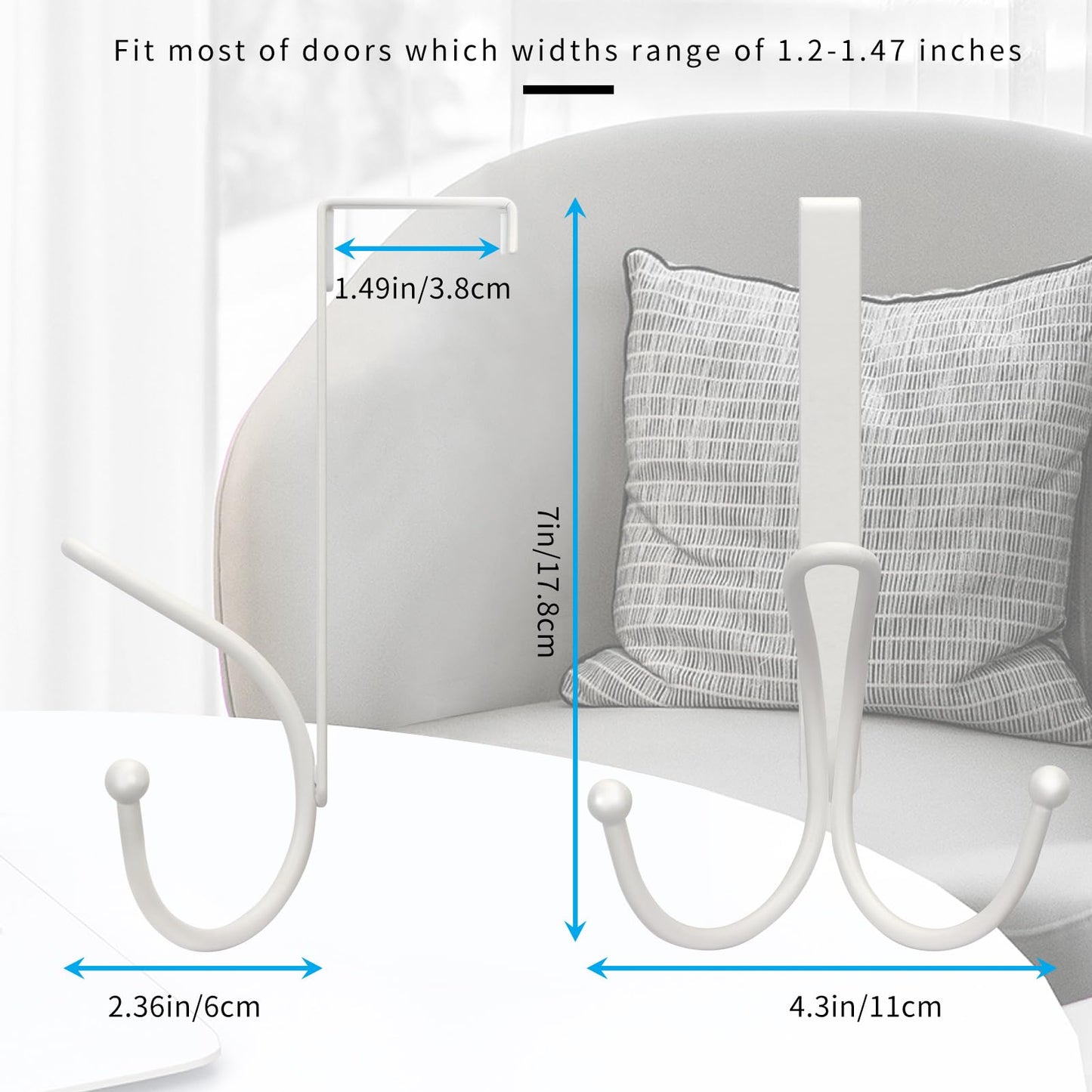 FYY Over The Door Hooks - 2 Pack Door Hangers with Sponge Pad Prevent Scratches Heavy Duty Organizer Hooks for Hanging Clothes, Robe, Towels, Hats, Bags White, Fit 1.2-1.47 inch Door
