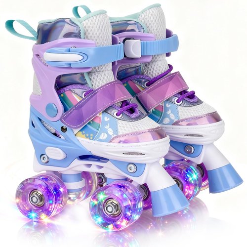 HISULIV Roller Skates for Kids Ages 5 6 8 12 Year Old 4 Size Adjustable Quad Roller Skates for Girls Boys Toddler with Light Up Wheels Best Children Gift for Beginners Indoor Outdoor Sports Purple