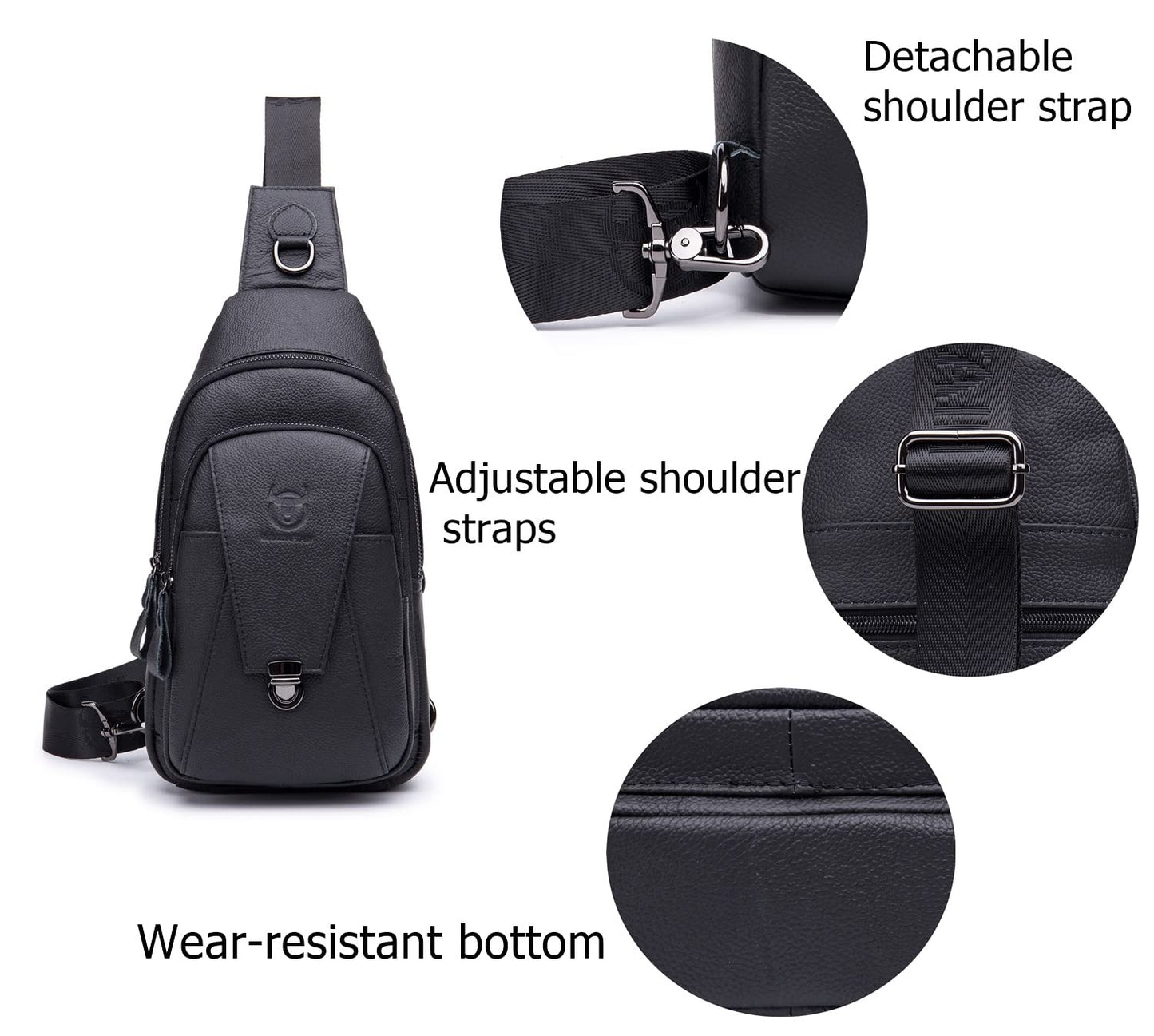 BULLCAPTAIN Leather Sling Bag for Men Multi-pocket Crossbody Chest Bag Travel Casual Shoulder Backpack (Black)
