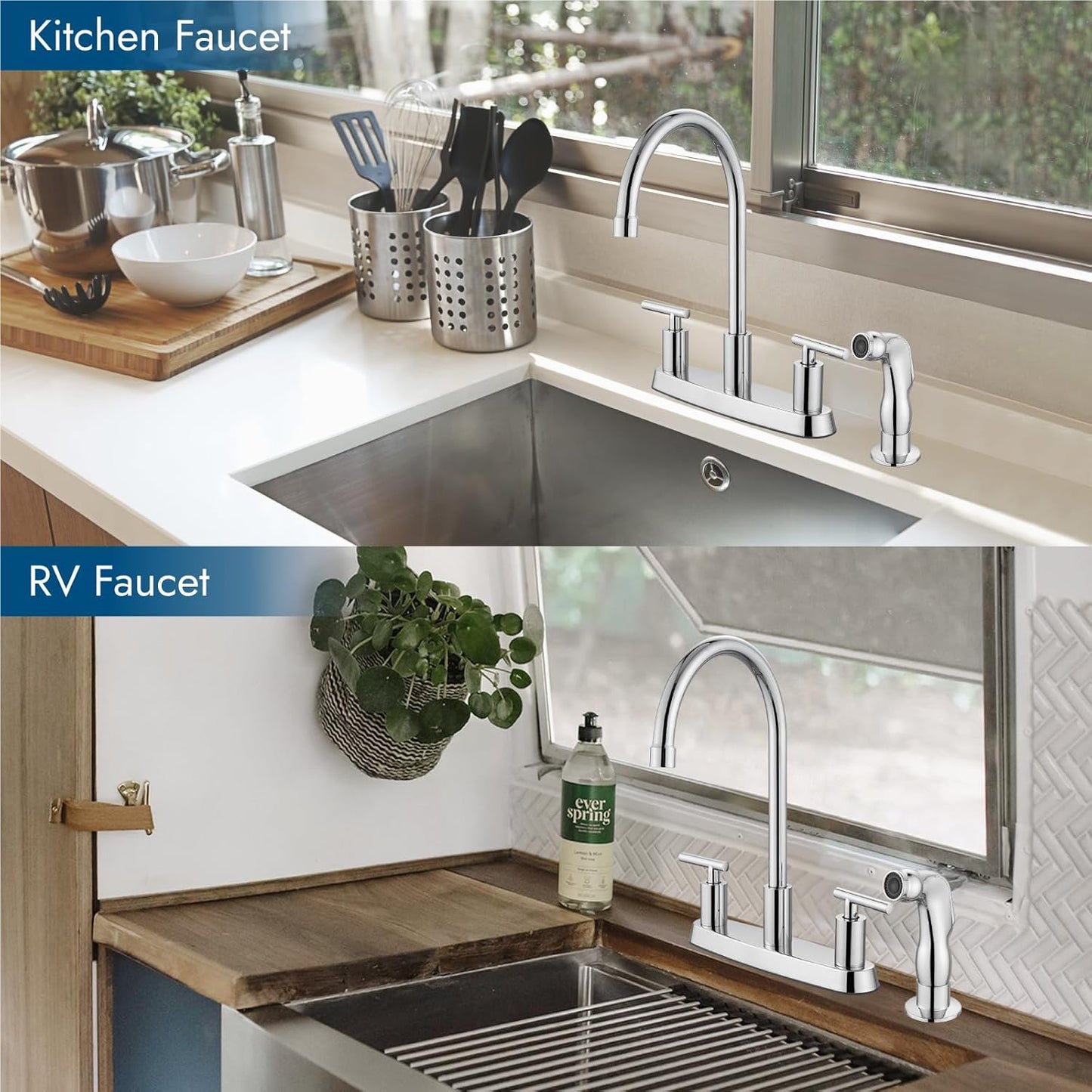 Brushed Nickel Kitchen Faucet with 360° Rotating Spout & Side Sprayer - 2 Handle, 8 Inch Centerset