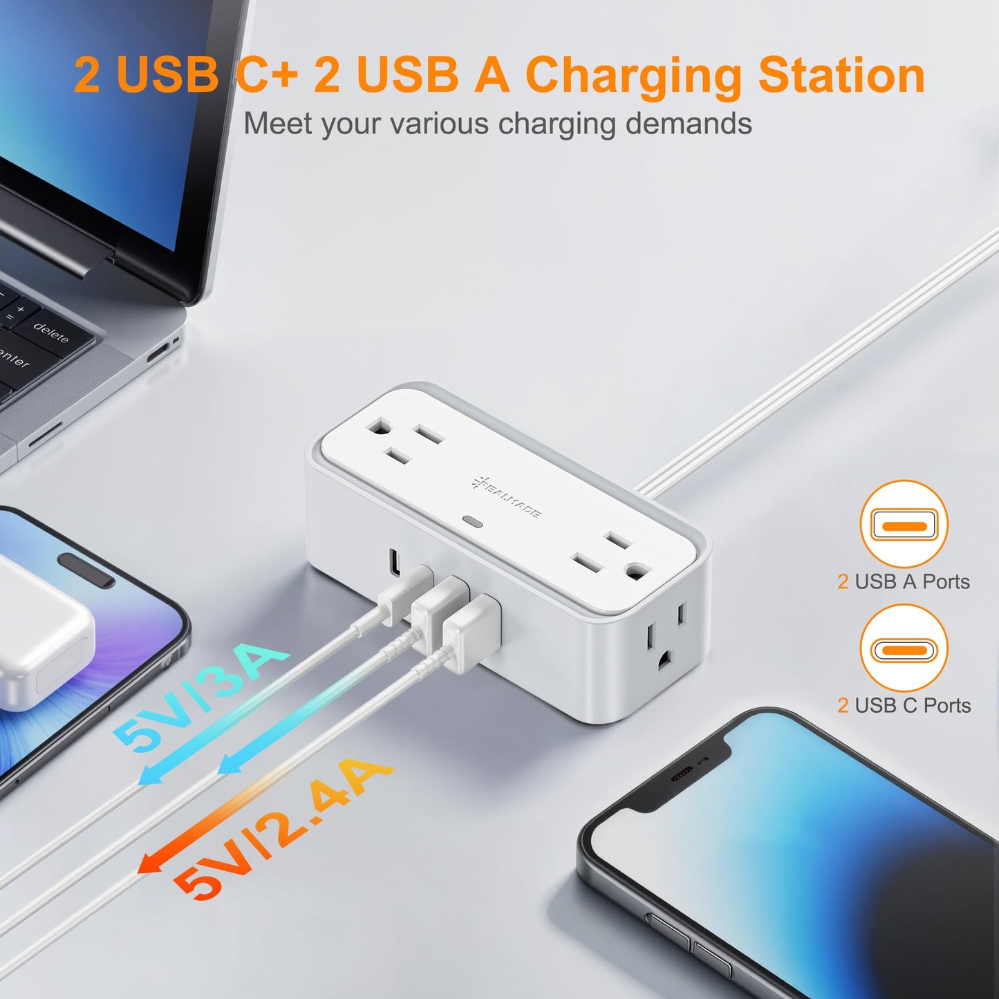Surge Protector Power Strip, REALMADE 4 AC 4 USB Power Strip, Flat Plug Outlet Extender, 5Ft Extension Cord, Wall Mount Desk Charging for Home Office， White & Gray